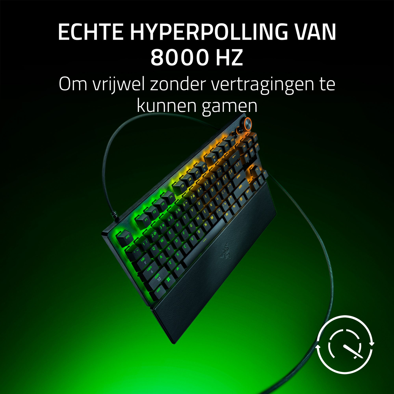 A black keyboard with green and orange lights. Text reads 'ECHTE HYPERPOLLING VAN 8000 HZ.' A cable and a graphic are also visible.