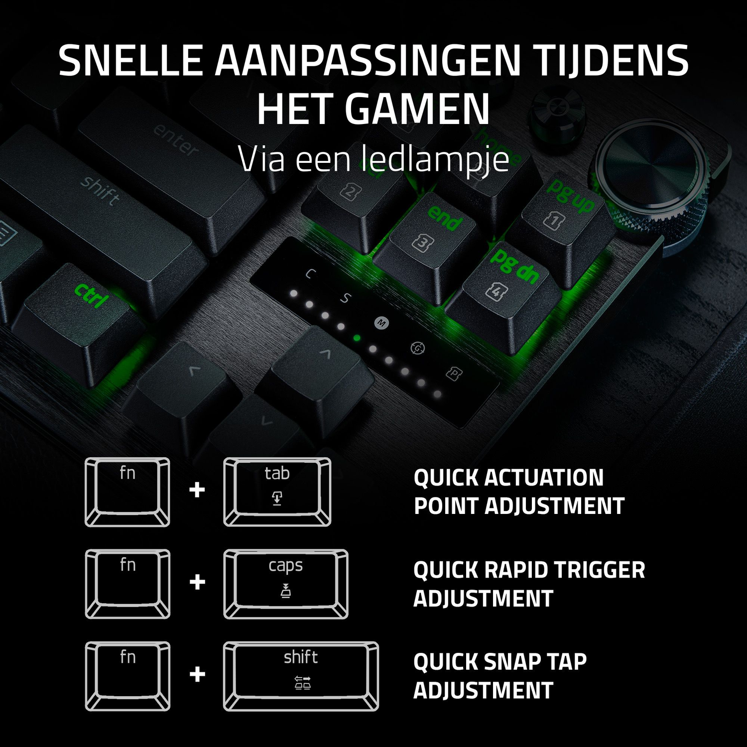 Image shows a keyboard with green illuminated keys. Text describes quick adjustments during gaming with function key combinations.