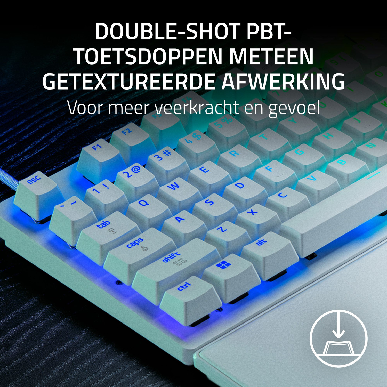 A white keyboard with blue LED, text in Dutch. Keys are labeled with letters and symbols. The keyboard is on a dark surface.