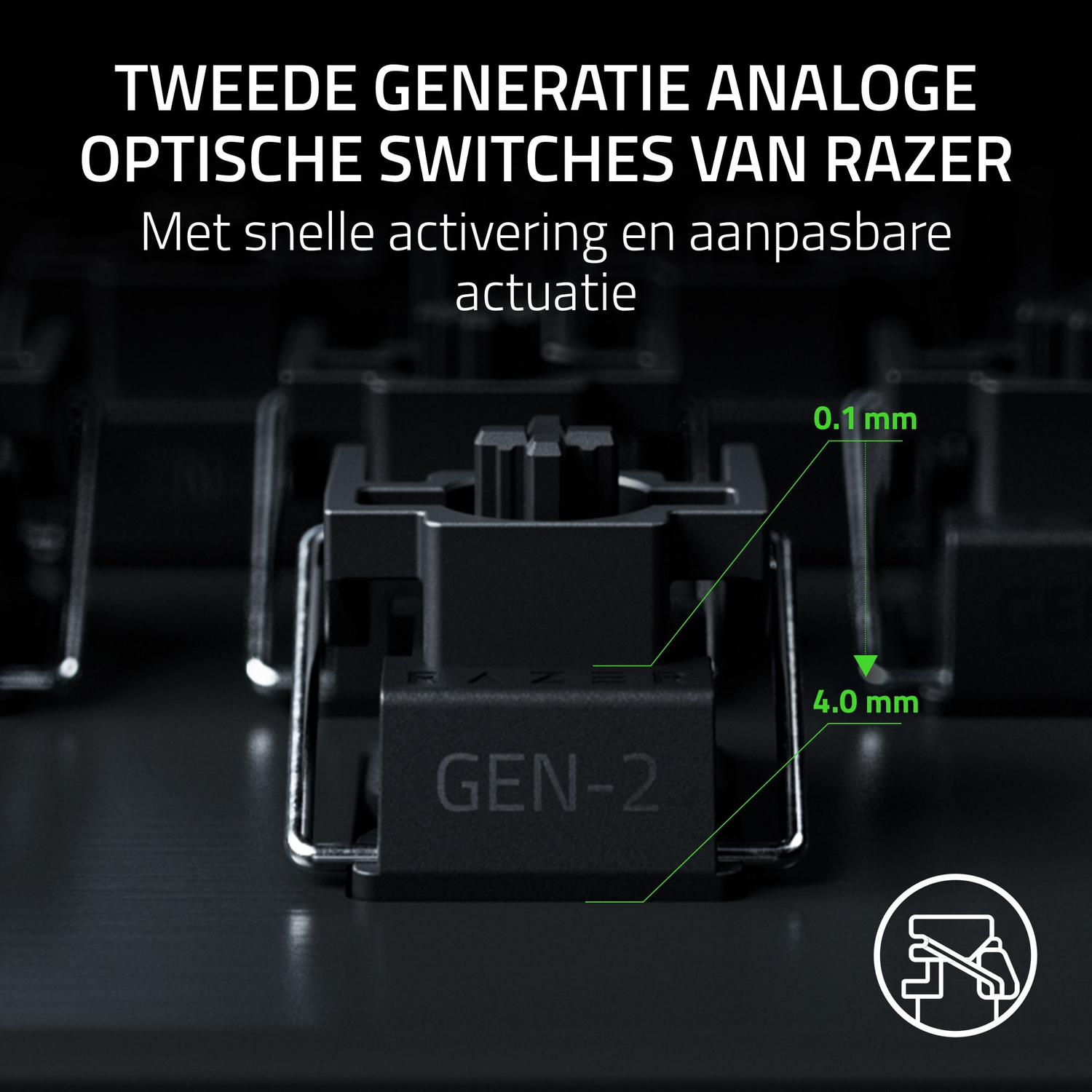 Close-up of a black keyboard switch. It has the text 'GEN-2' and measurements 0.1mm and 4.0mm are indicated.