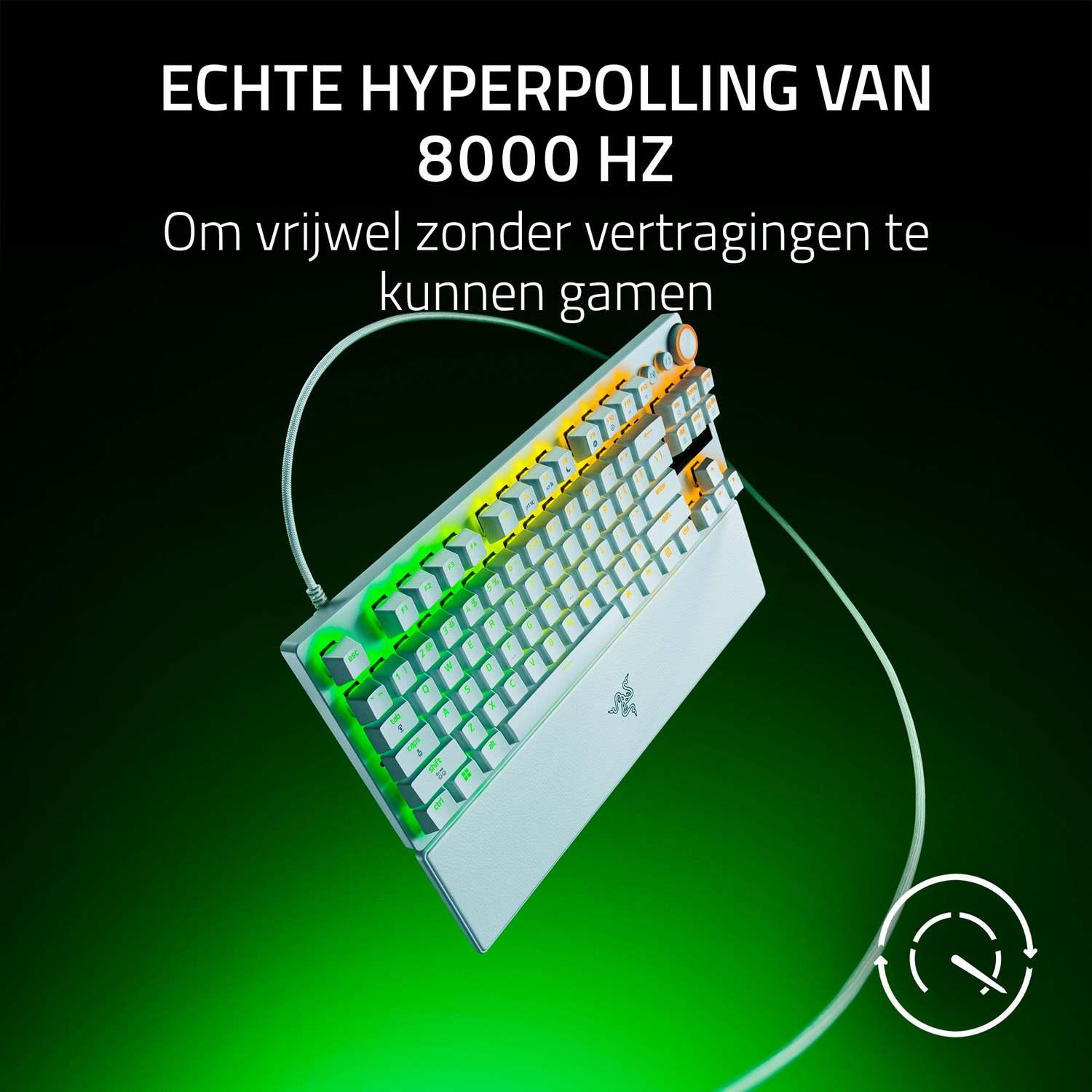 A white keyboard with illuminated keys. Text at the top says 'ECHTE HYPERPOLLING VAN 8000 HZ.' Green and black gradient background.
