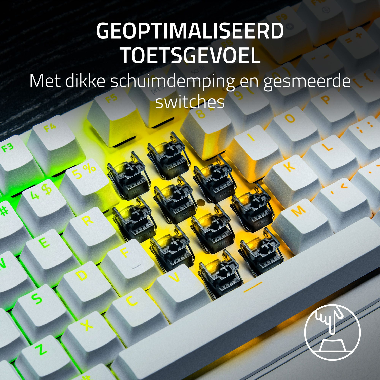 Close-up of a white keyboard with illuminated keys. Some keys are removed to show the internal switches. Text says: optimized key feel.