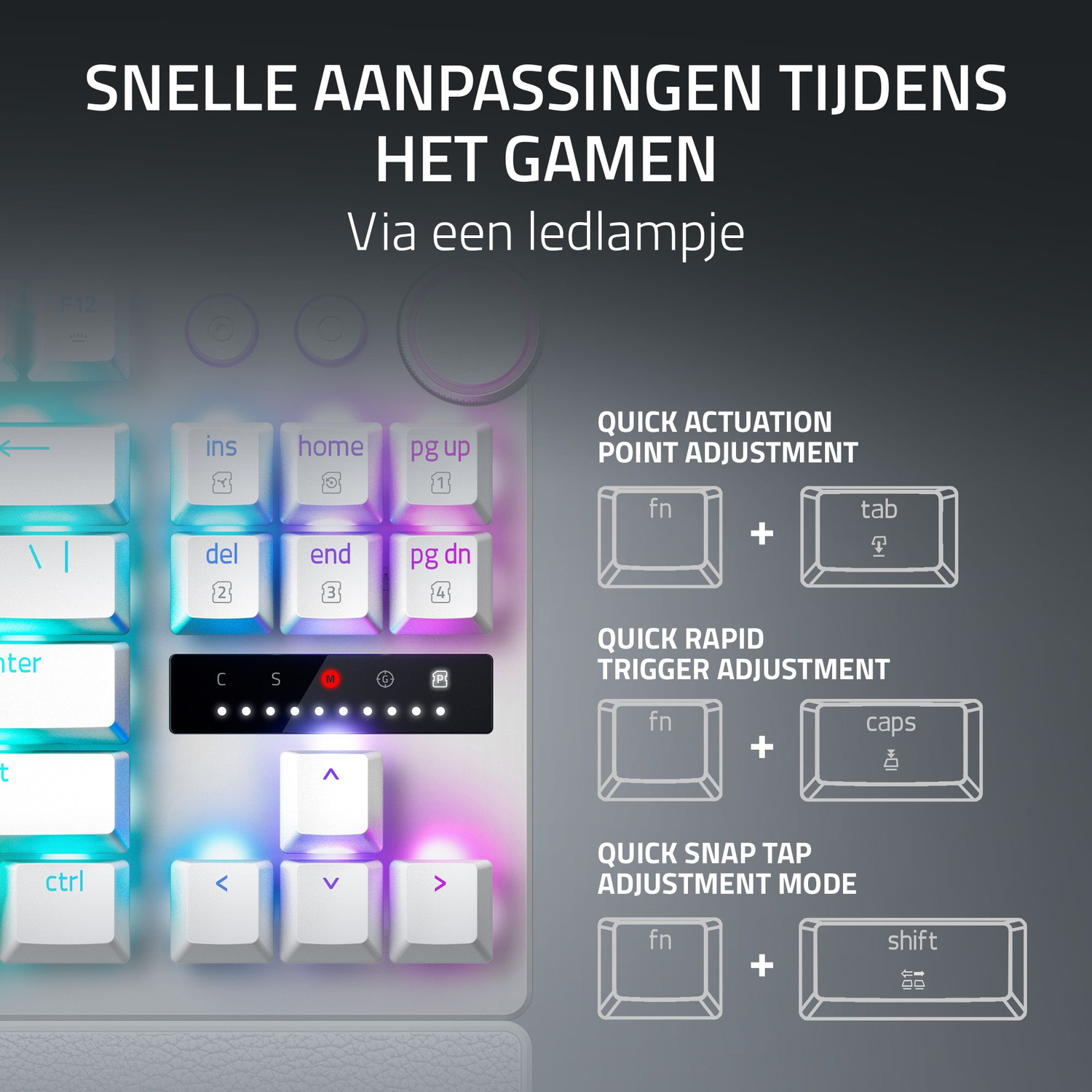 A white keyboard with illuminated keys. Text describes quick adjustments during gaming with function key combinations.