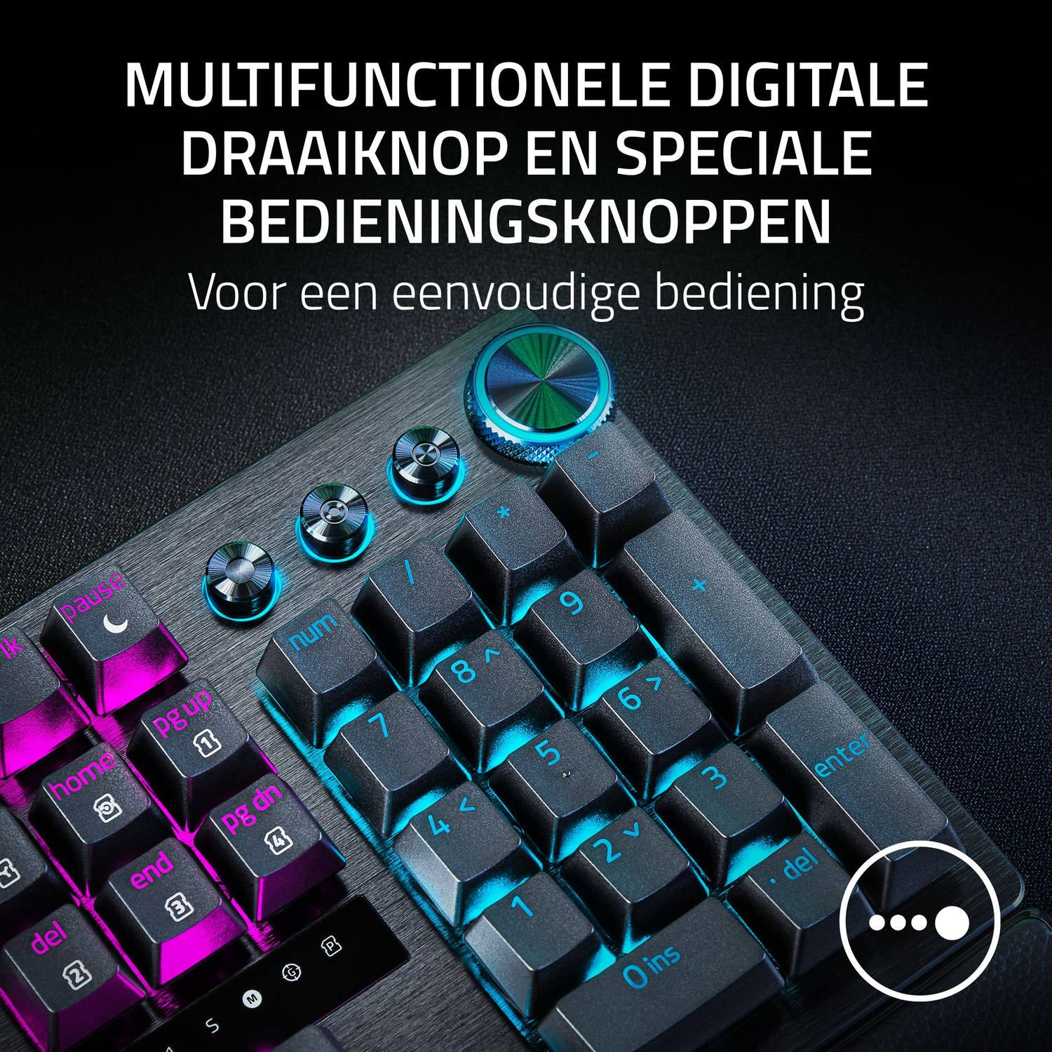Close-up of a keyboard with illuminated keys and special control buttons. The keys are black with blue and pink backlighting.