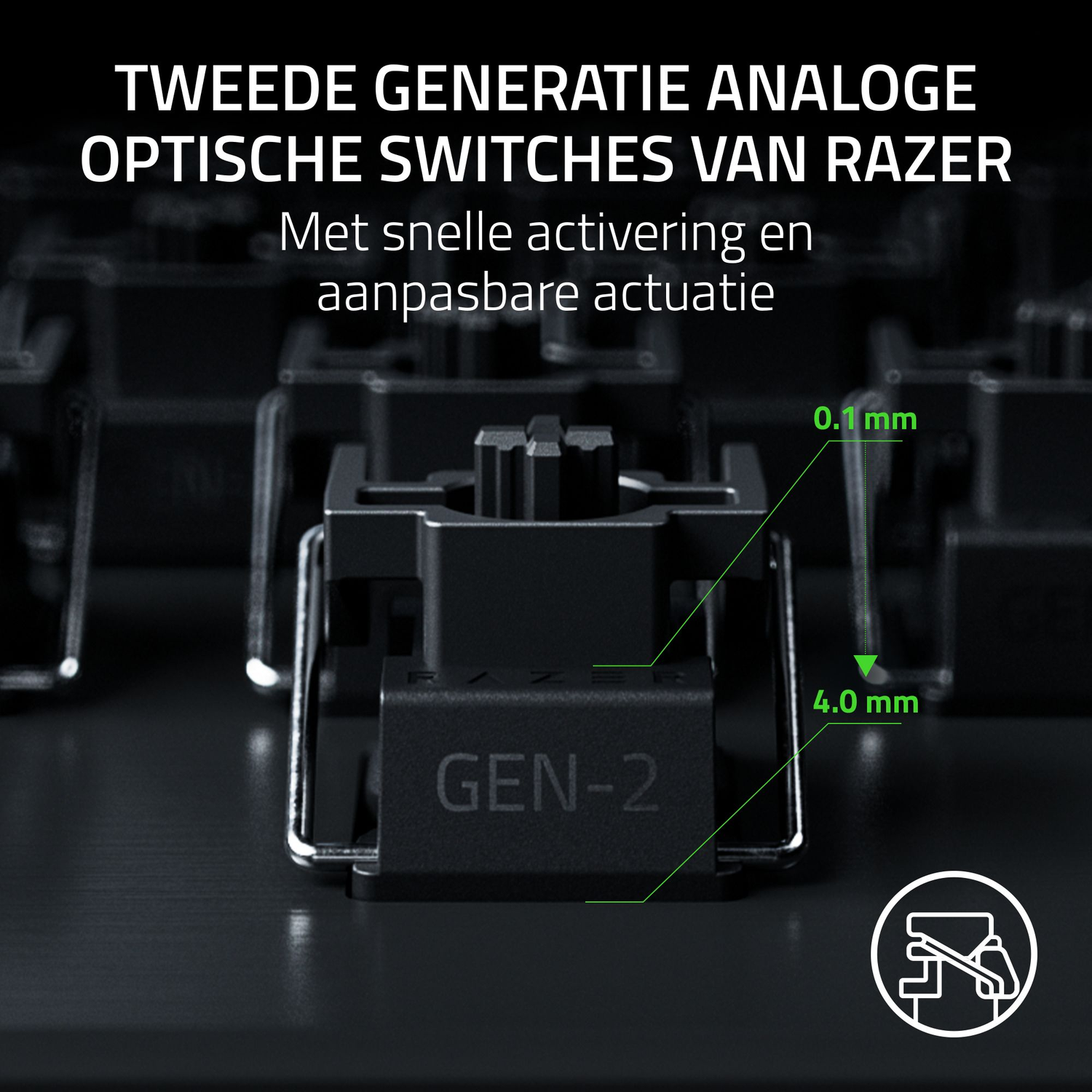 Close-up of a black keyboard switch labeled GEN-2, with measurements of 0.1mm and 4.0mm. Text at the top says RAZER switches.