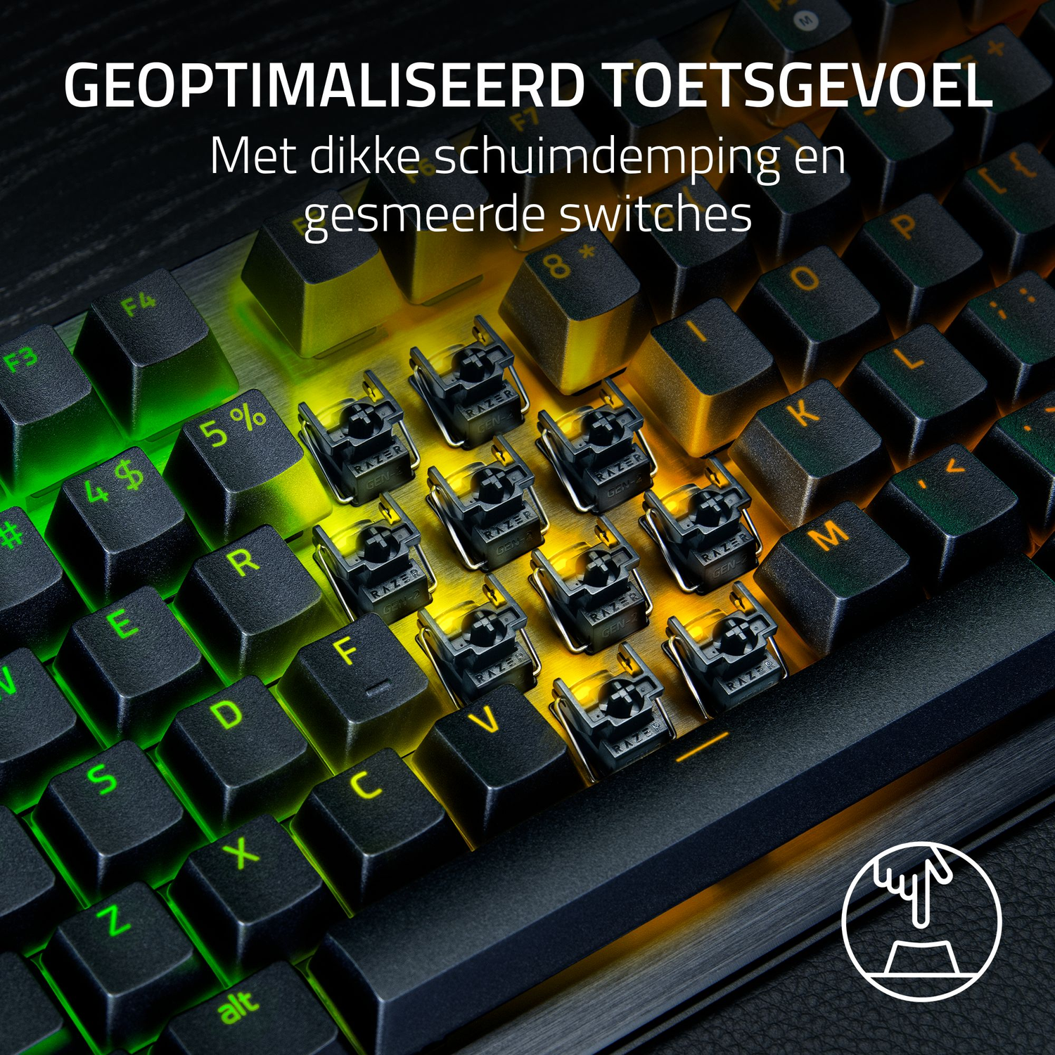 Close-up of a black keyboard with illuminated keys. Some keys are yellow and green. The keyboard switches are visible.