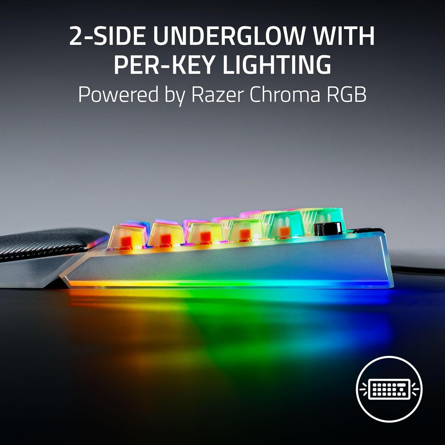 A close-up of a keyboard with colorful keys and underglow lighting. Text reads: 2-side underglow with per-key lighting.