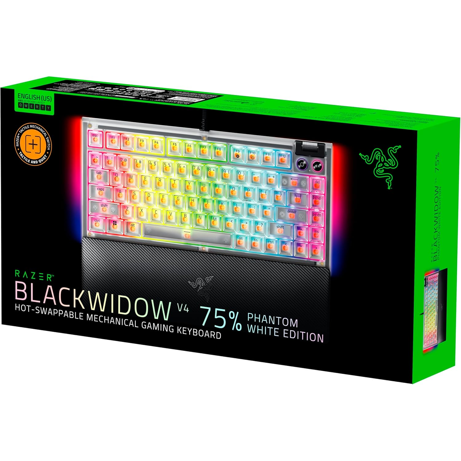 Razer BlackWidow V4 75% mechanical gaming keyboard in a box. It has colorful keys and a wrist rest.