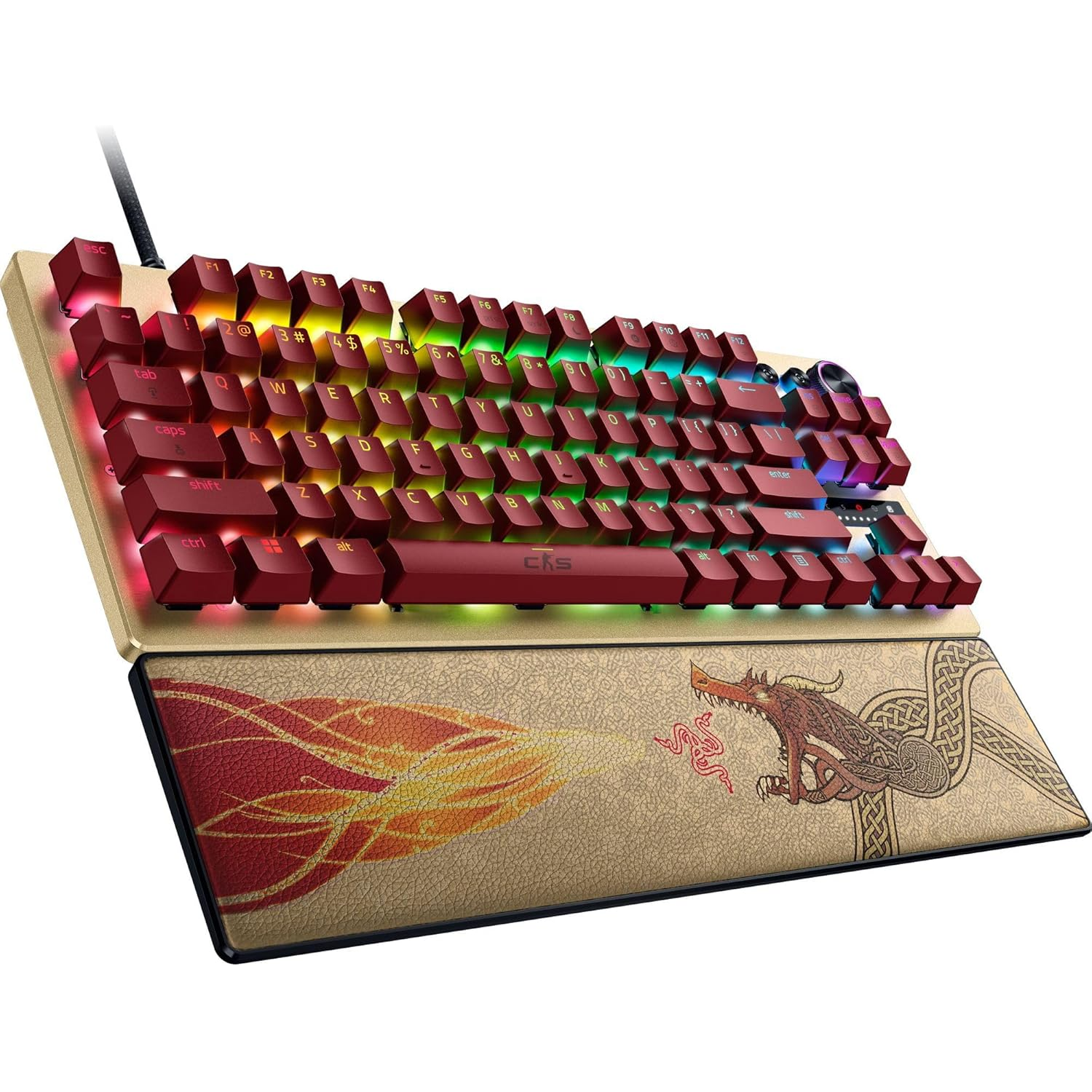 A mechanical keyboard with red keys and a dragon-themed wrist rest. The keys are backlit with multiple colors, creating a vibrant effect.