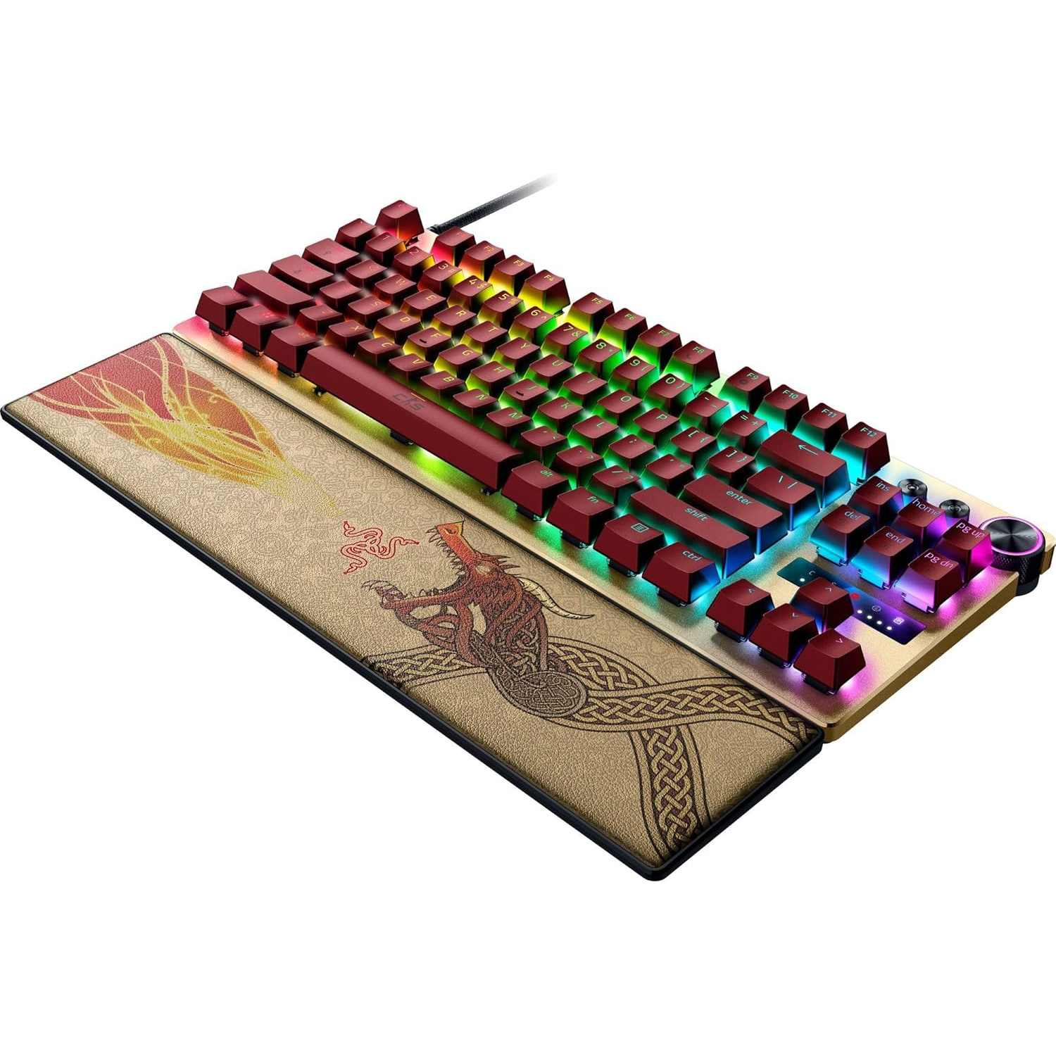 A mechanical keyboard with red keycaps and a custom design mousepad featuring a dragon and Celtic knot patterns.