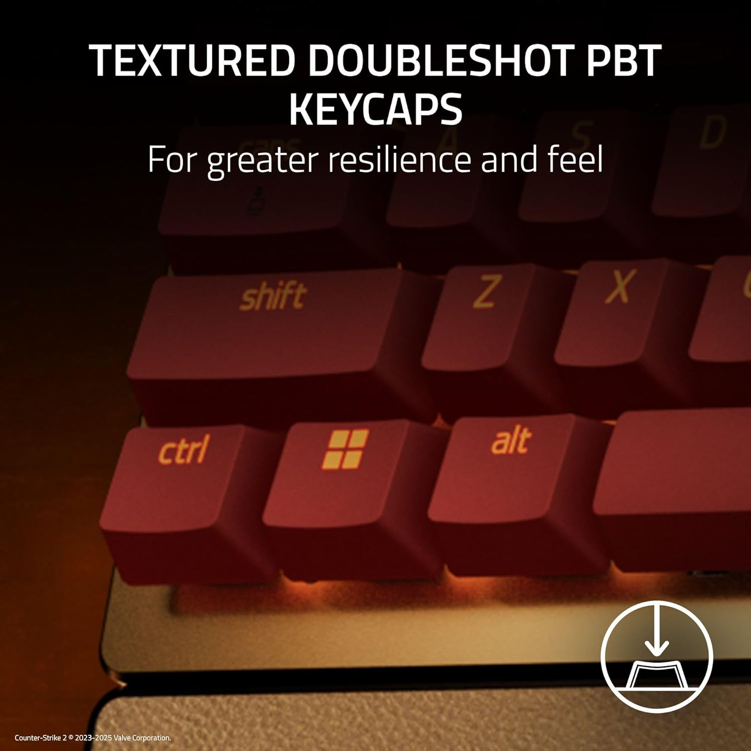 Close-up of a keyboard with red keycaps. Keys like 'shift', 'ctrl', 'alt', and 'Z', 'X' are visible. Text above says 'TEXTURED DOUBLESHOT PBT KEYCAPS'.