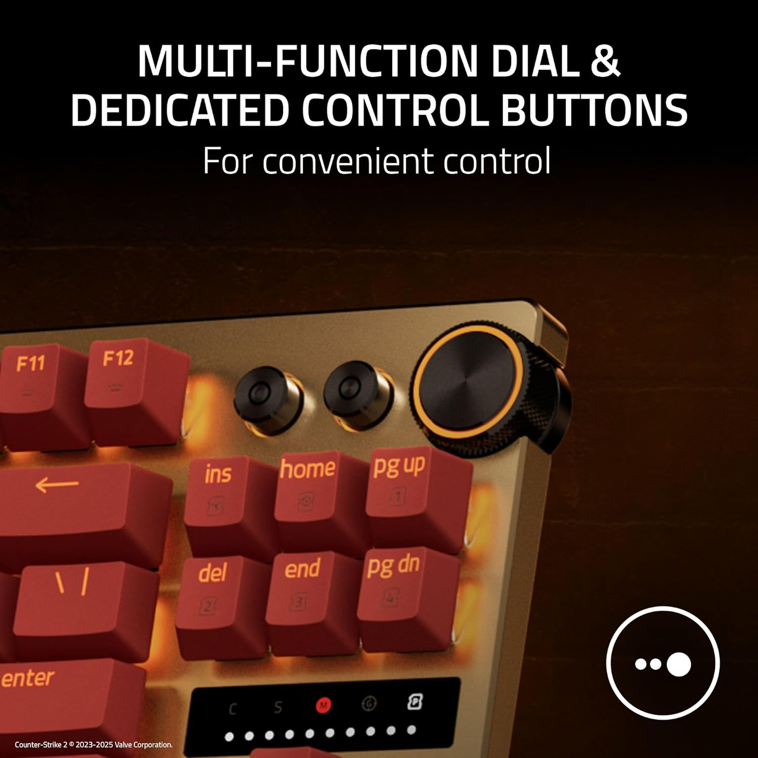Close-up of a keyboard with red keys, a dial, and control buttons. The keys are illuminated, with text overlaying the image.