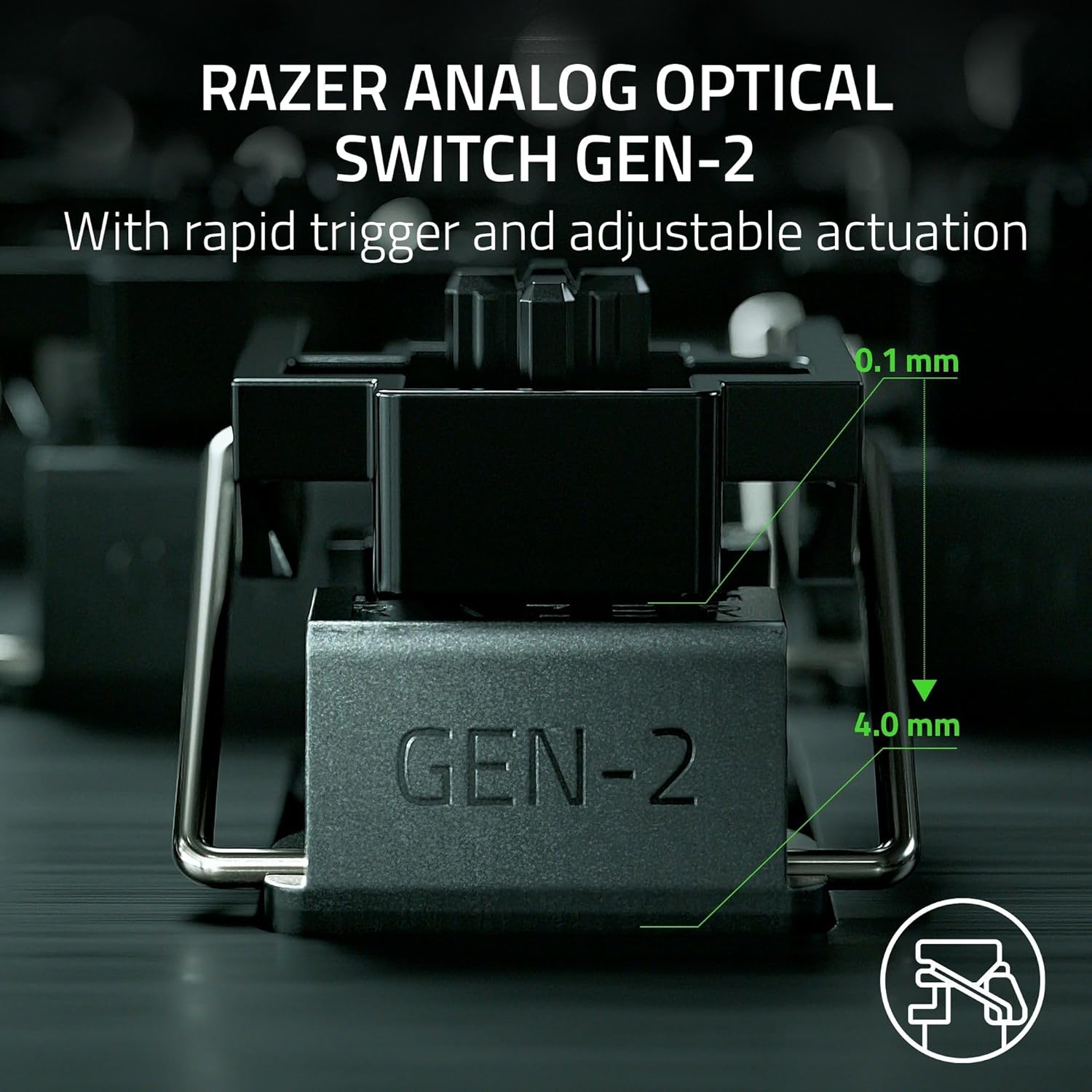 Close-up of a black Razer Analog Optical Switch Gen-2. Text shows measurements of 0.1mm and 4.0mm. The background is dark.