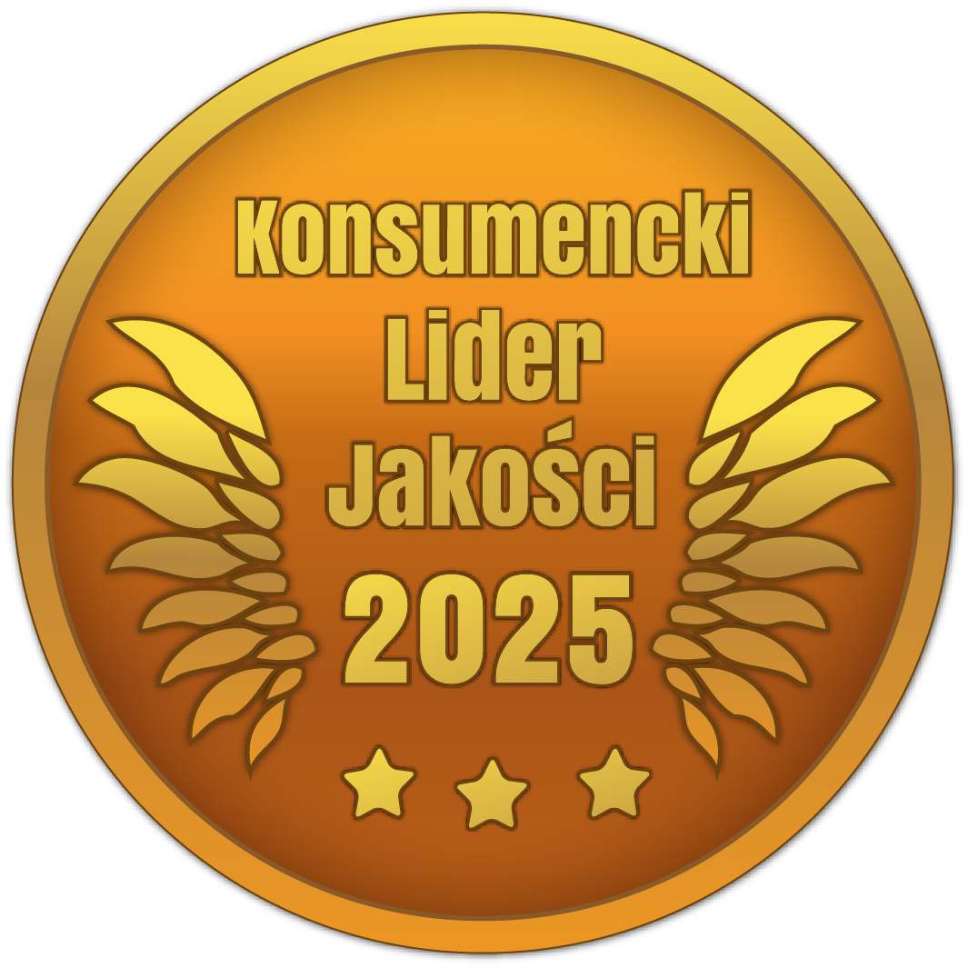 Złota odznaka z napisem 'Konsumencki Lider Jakości 2025', skrzydłami i gwiazdami. Odznaka jest okrągła z czarnym obrysem.