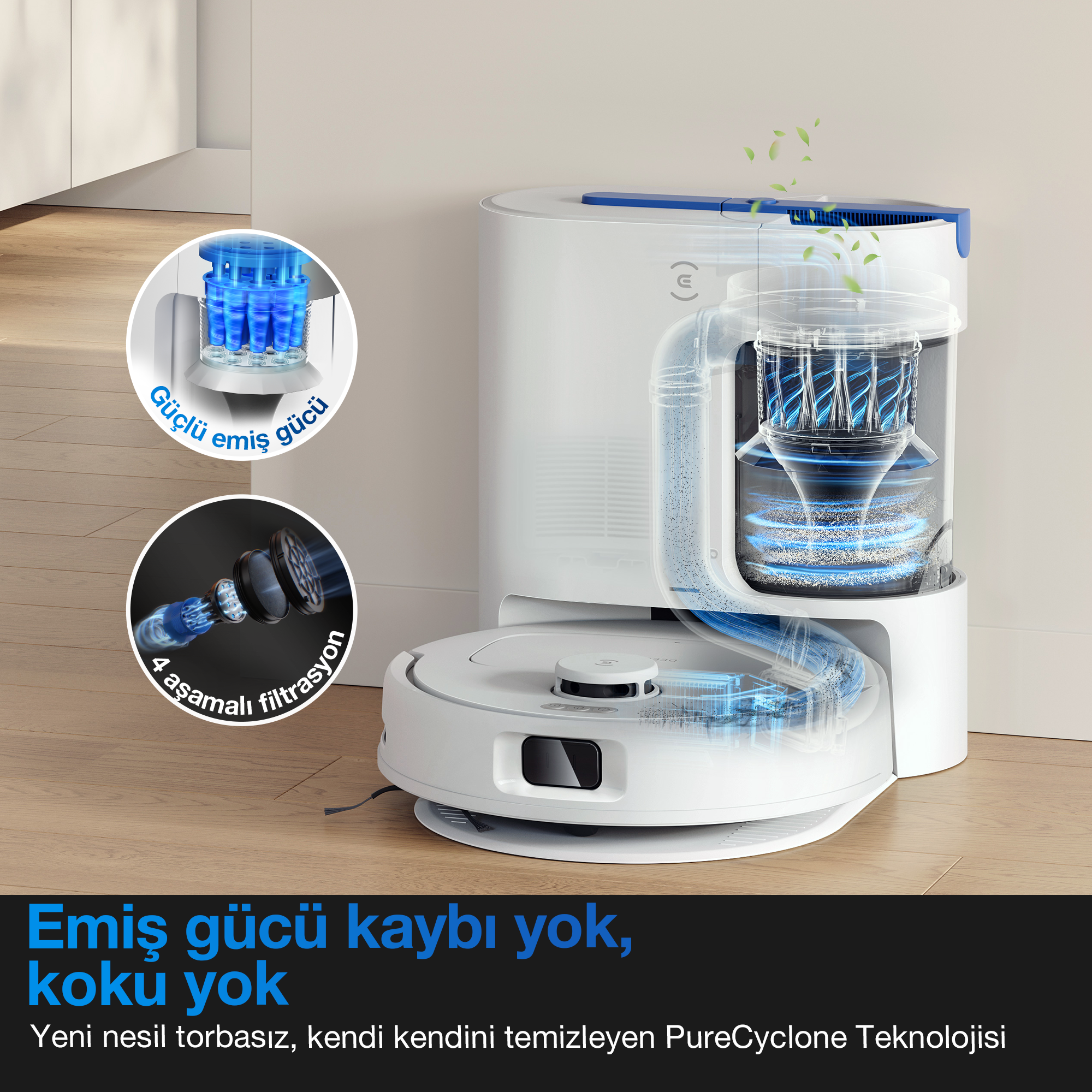 Şarj istasyonlu beyaz bir robot süpürge. İç çalışma parçalarını ve Türkçe metni gösteriyor.