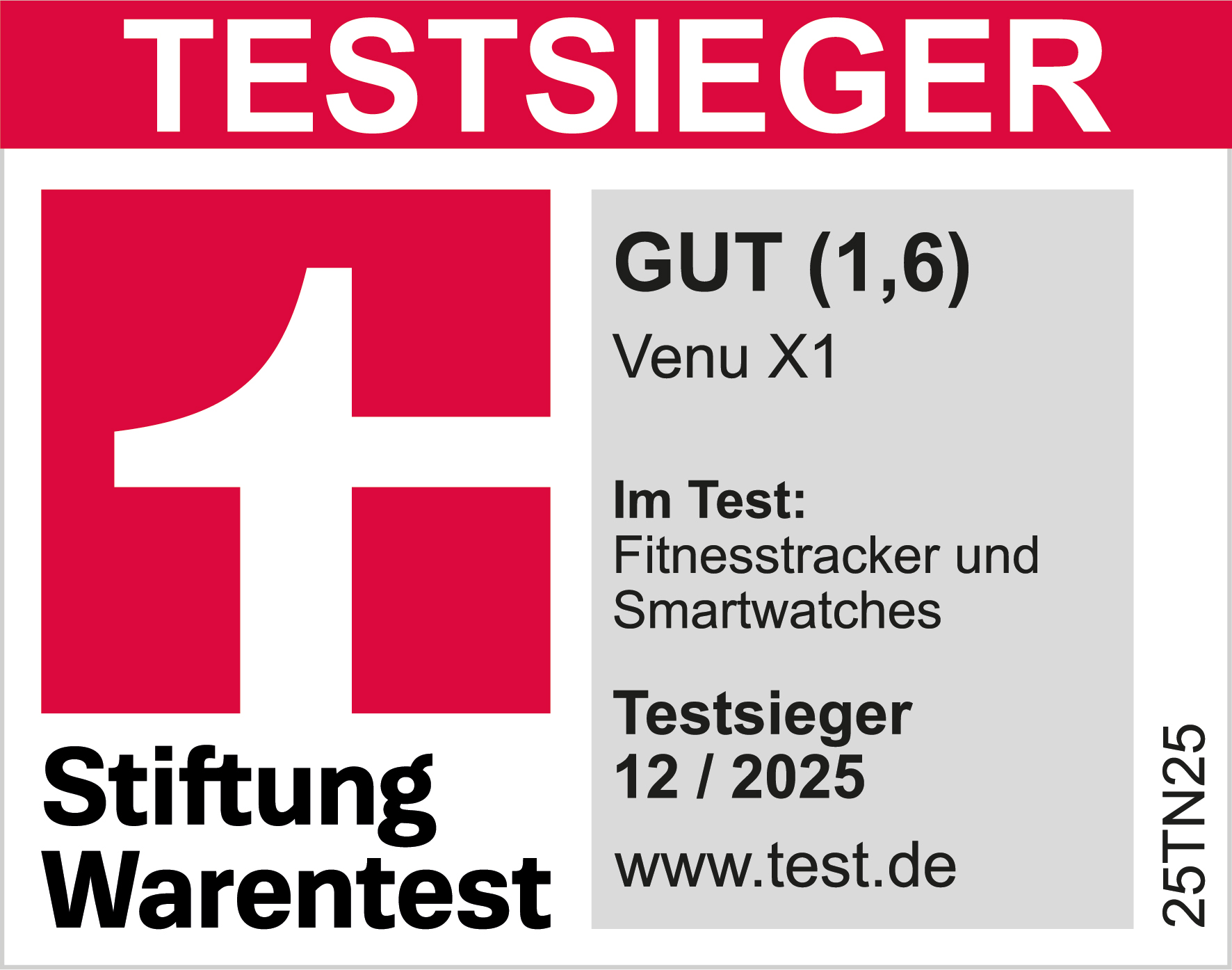 Das Bild zeigt ein rotes und weißes Logo mit Text, darunter 'TESTSIEGER', 'GUT (1,6)' und 'Stiftung Warentest'.