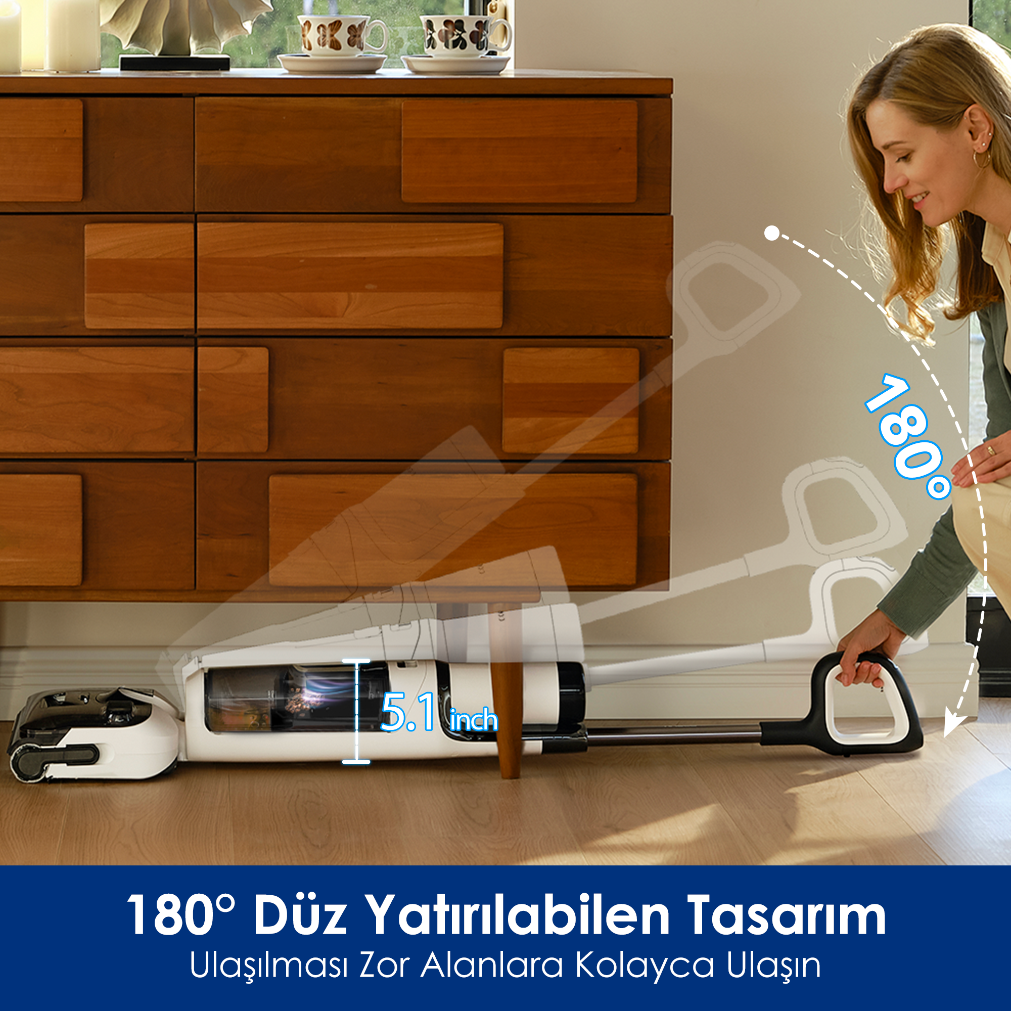 Bir kadın elektrikli süpürge kullanıyor. Süpürge 180 derecelik açıyla gösteriliyor. Metin, ulaşılması zor alanlara ulaştığını söylüyor.
