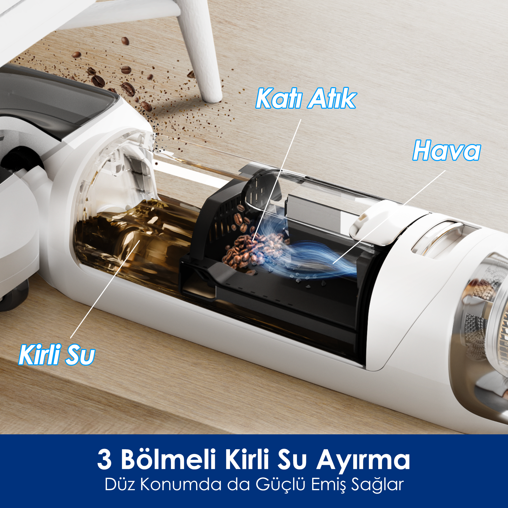 Kirli su, katı atık ve hava bölümlerini gösteren bir elektrikli süpürge şeması. Kahve çekirdekleri mevcut.