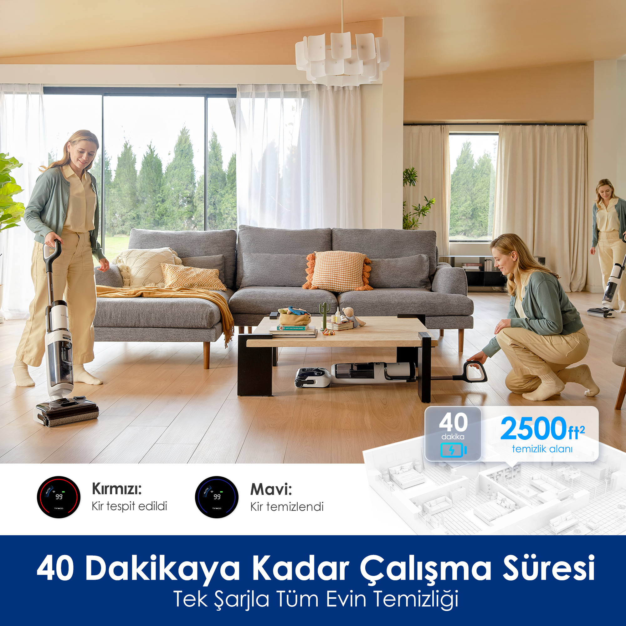 Kadınlar bir oturma odasını elektrik süpürgesiyle temizliyor. Arka planda bir kanepe, masa ve pencere var.