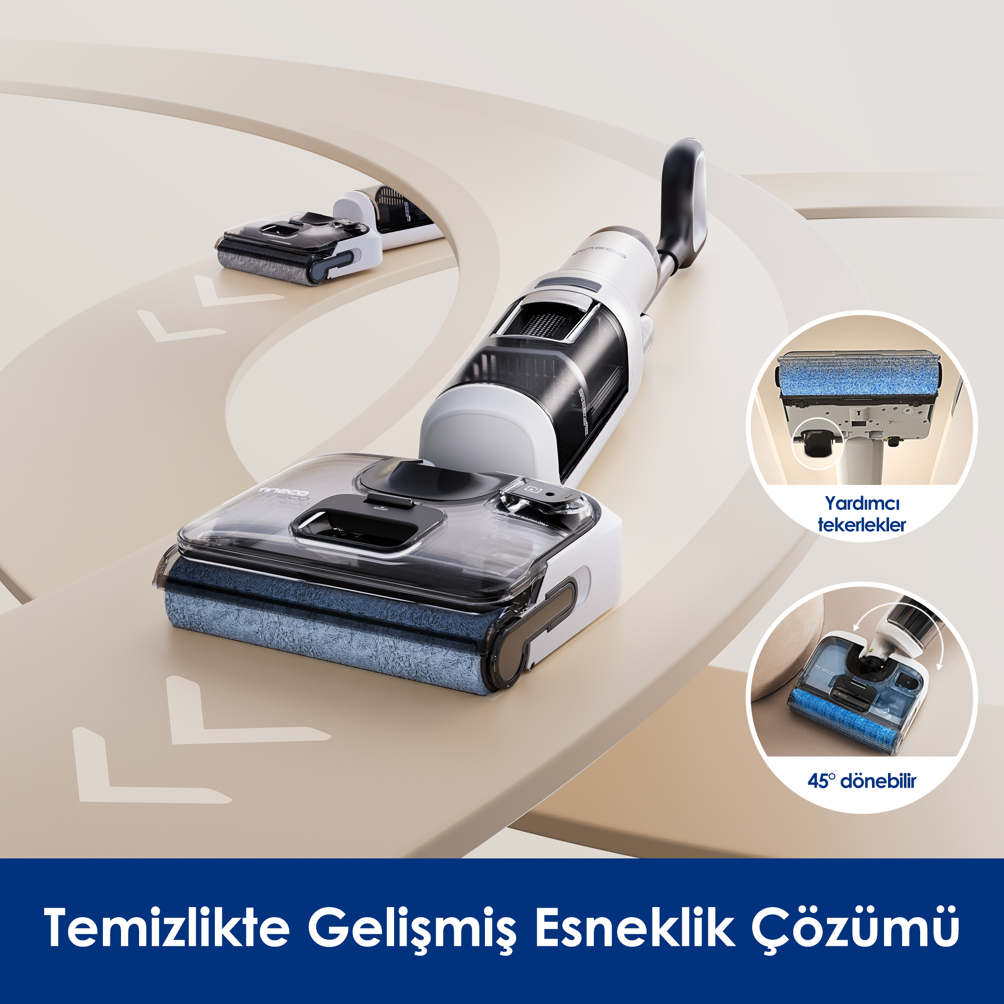 Oklarla bej bir yüzeyde beyaz ve siyah bir zemin temizleyici. Detay çekimler tekerlekleri ve 45° dönüşü gösteriyor.