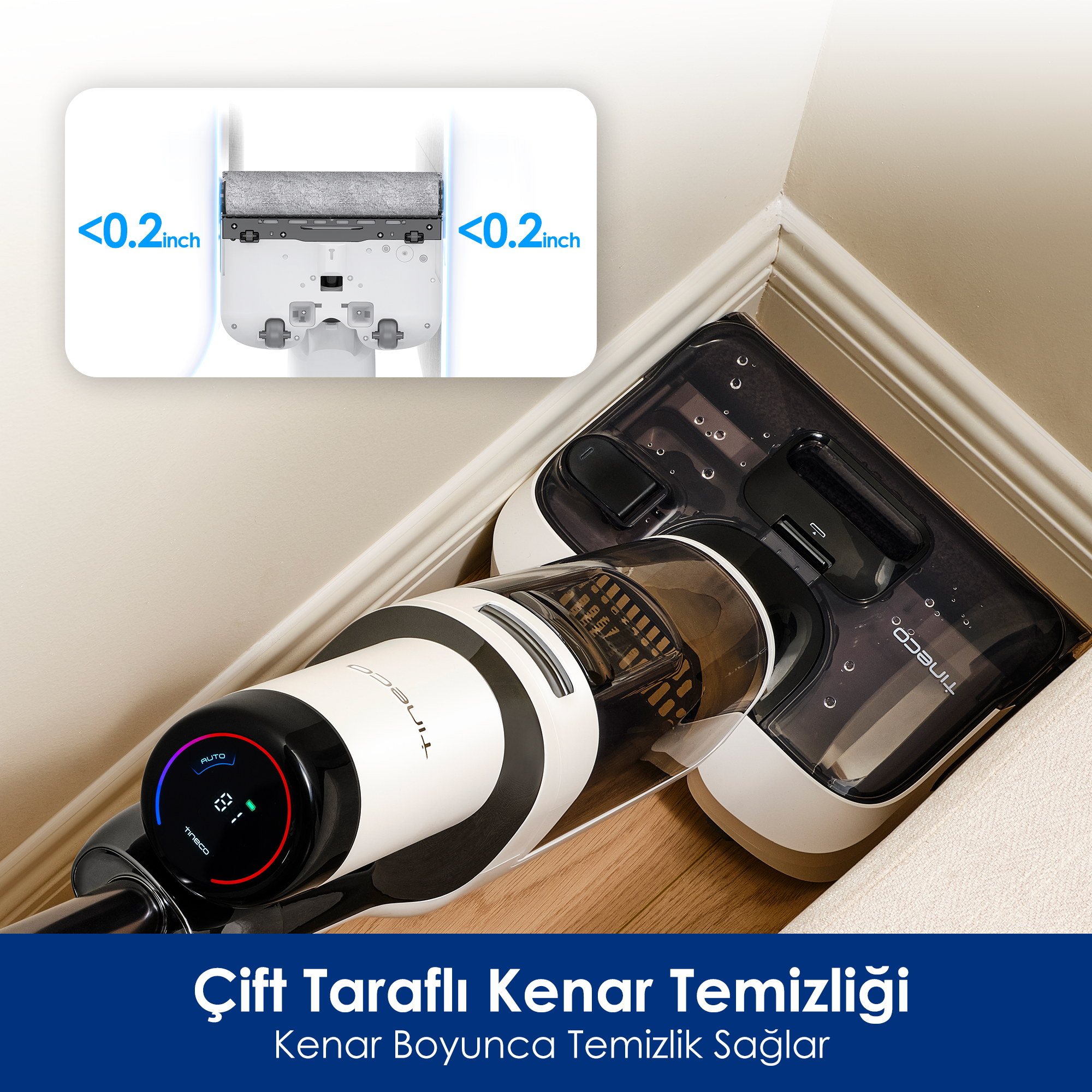 Beyaz ve siyah bir elektrikli süpürge duvara karşı temizlik yapıyor. Temizleyicinin dijital bir ekranı var. Metin: Çift taraflı kenar temizliği.