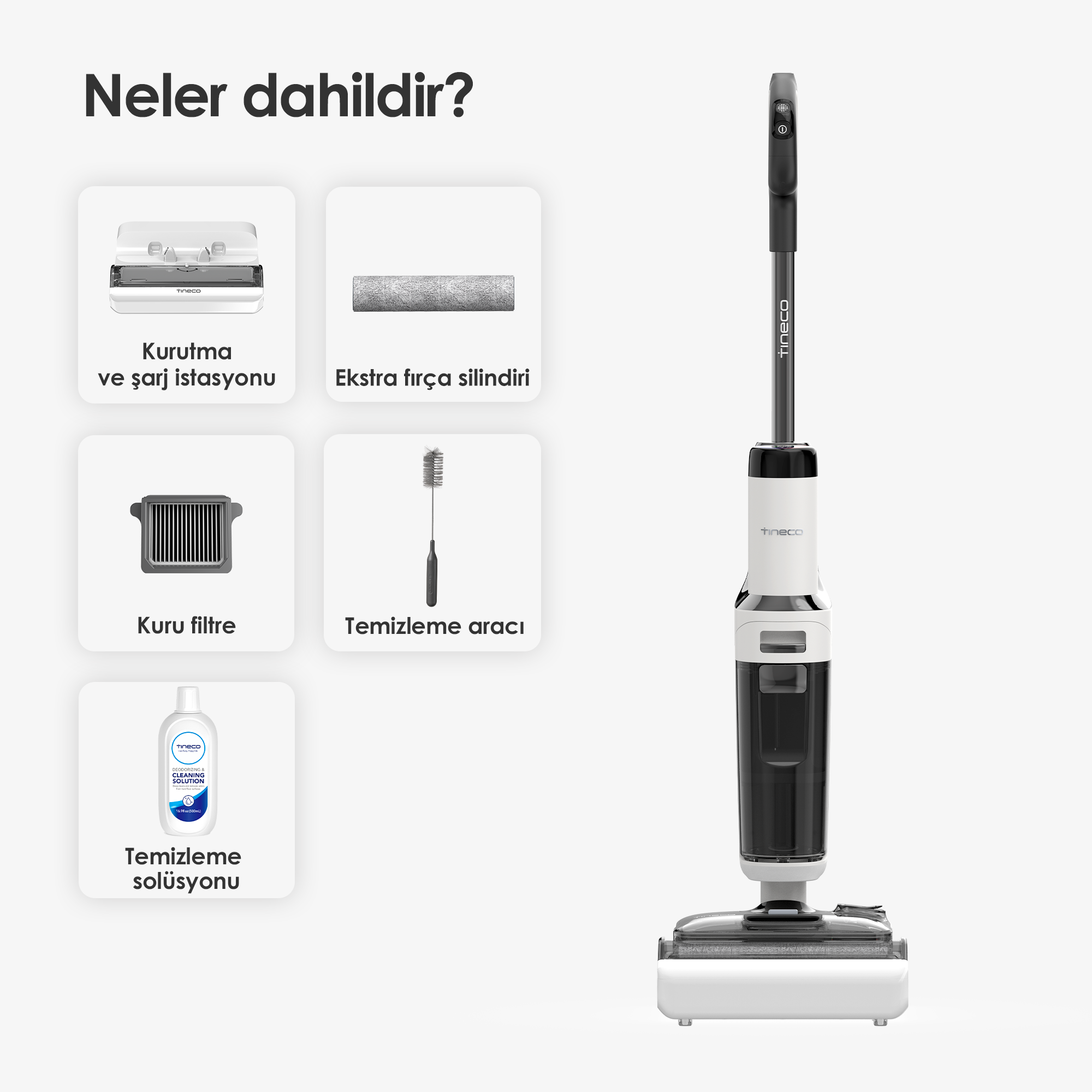 Görselde bir Tineco elektrikli süpürge ve dahil aksesuarlar: kurutma istasyonu, fırça rulosu, filtre, temizleme aracı ve solüsyon.