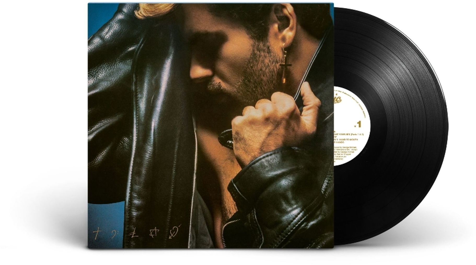 Album borító: bőr dzsekis férfi, fülbevaló, a dzsekit tartja. Vinyl lemez jobbra. Kék háttér. Album neve olvashatatlan.