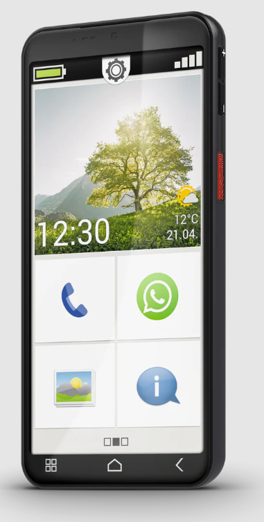 Ein Smartphone zeigt eine Naturszene. Symbole für Telefon, WhatsApp, Galerie und Info sind auf dem Startbildschirm. Uhrzeit und Wetter werden angezeigt.