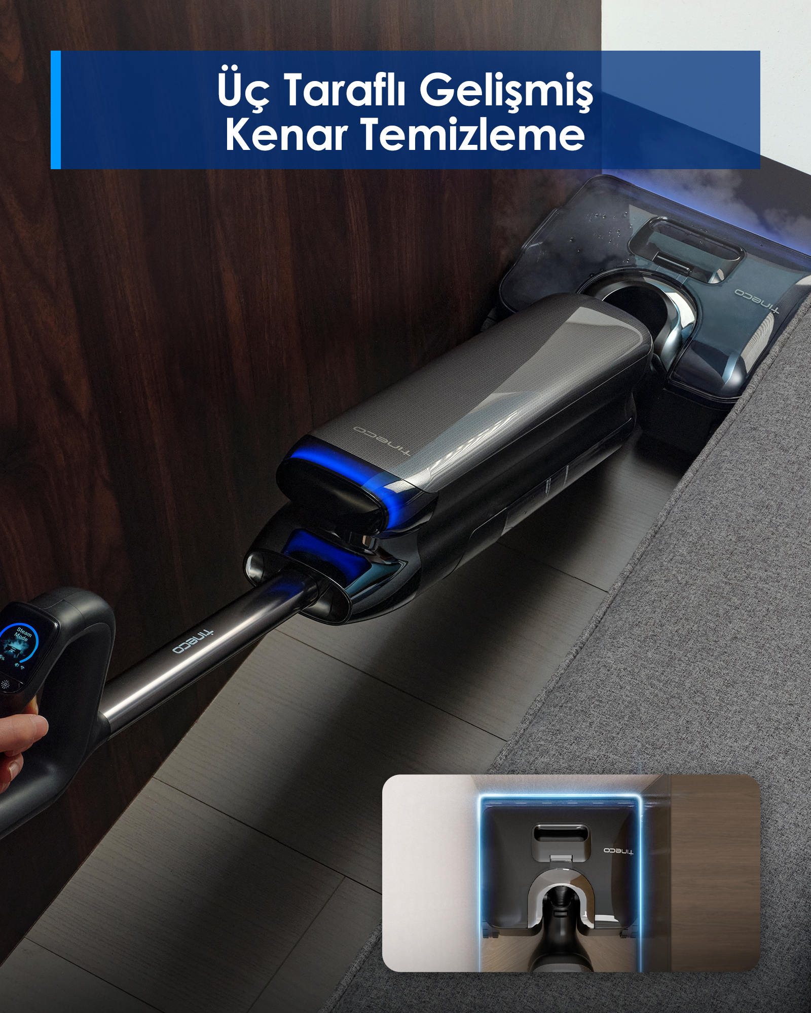 Gri halı üzerinde siyah ve gümüş renkli bir elektrikli süpürge. Süpürgenin detayları ve küçük bir diyagram gösteriliyor.