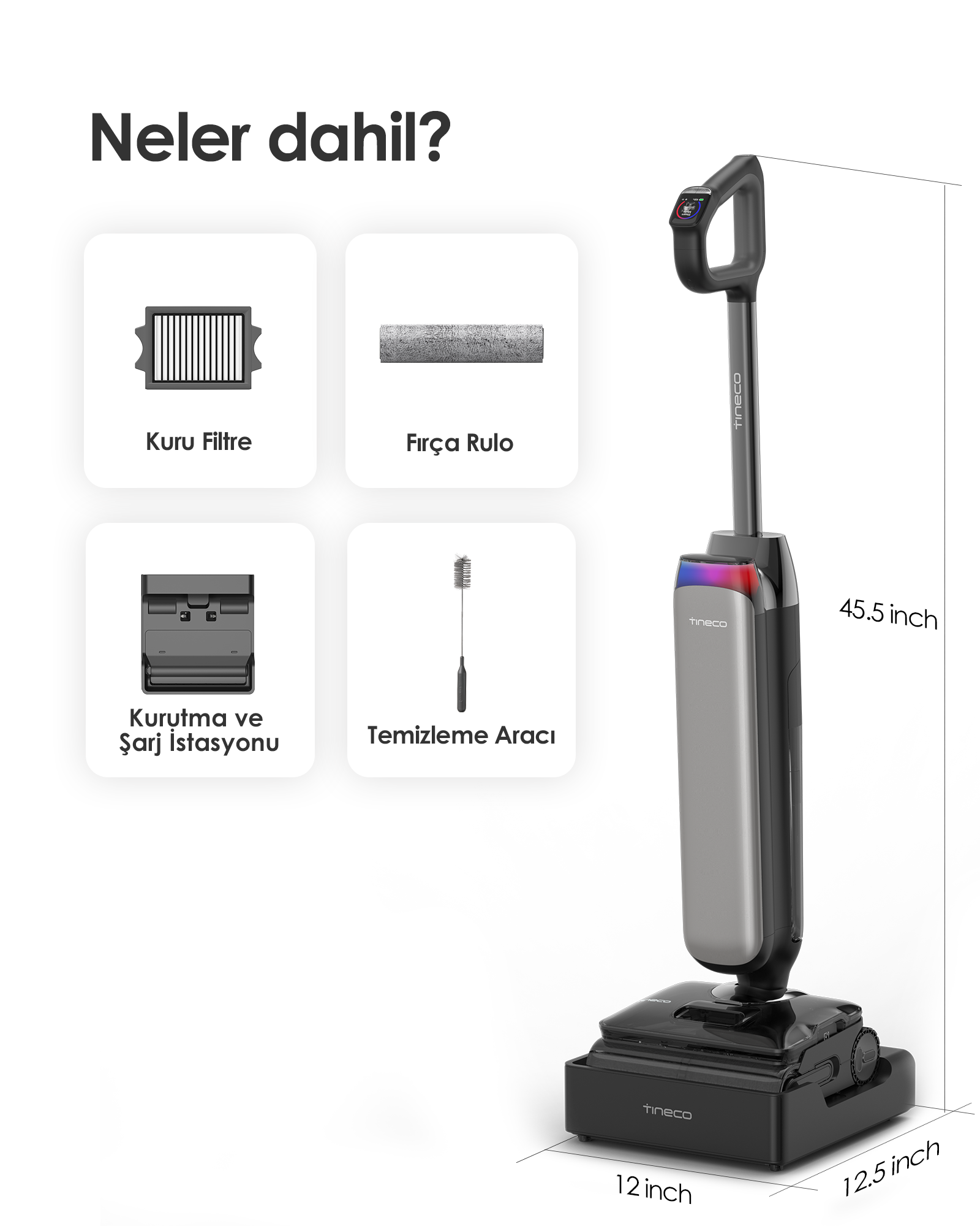 Görselde bir Tineco elektrikli süpürge, dahil öğelerle birlikte: filtre, fırça rulosu, kurutma istasyonu ve temizleme aracı.