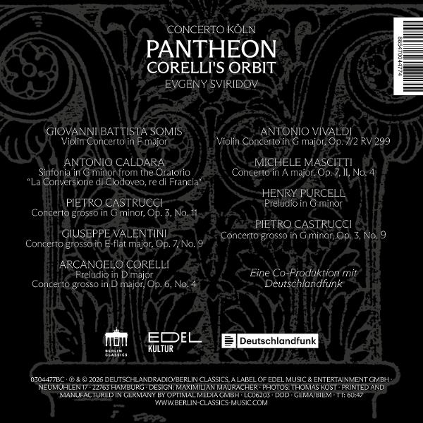 CD-Cover mit schwarzem Hintergrund. Enthält Texte über klassische Musik, Komponisten und Orchester. Enthält einen Barcode und Logos.