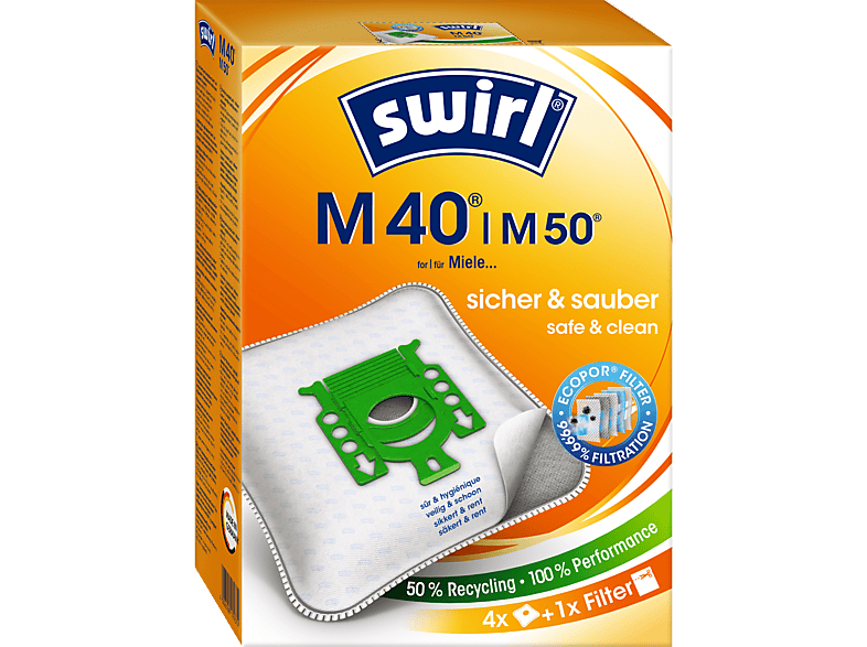 Swirl M 40 / M 50 Staubsaugerbeutel + 1 Filter 4 Stück, passend für: Miele & Hoover
