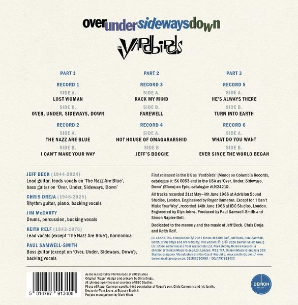 Albumcover für The Yardbirds, mit Titellisten und Banddetails, schwarz und weiß.
