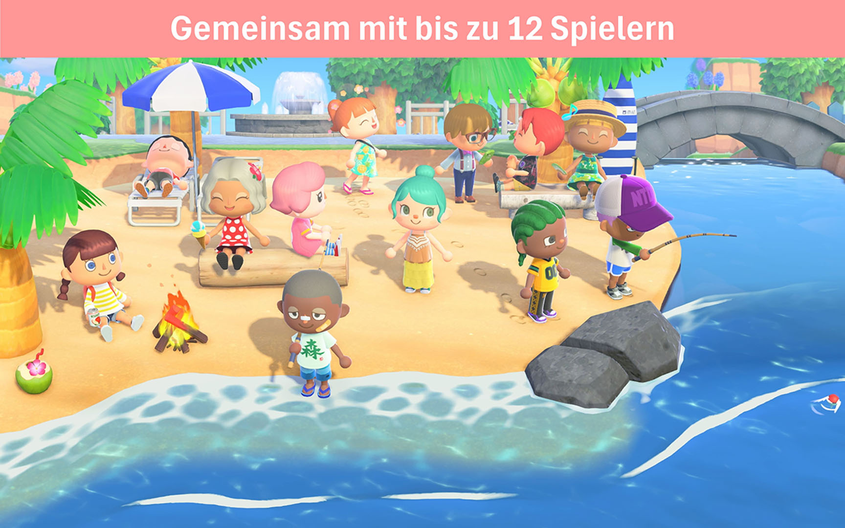 Eine Strandszene mit Cartoon-Charakteren. Einige angeln, andere entspannen sich. Im Hintergrund gibt es ein Lagerfeuer, einen Sonnenschirm und eine Brücke.