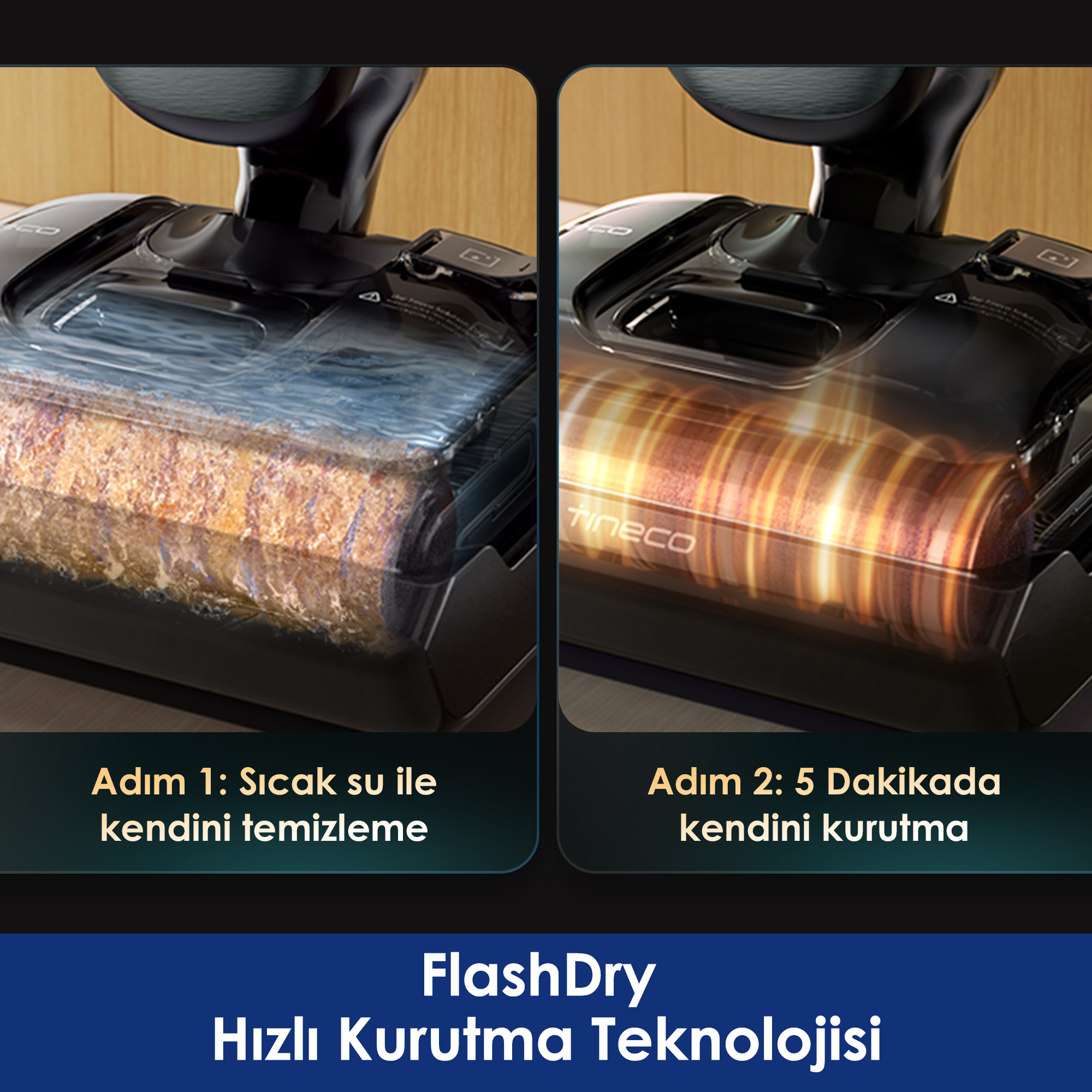 Görselde iki bölümden oluşan bir temizleme cihazı görülüyor: sıcak suyla temizleme ve 5 dakikada kurutma. Metin 'FlashDry' teknolojisini gösteriyor.