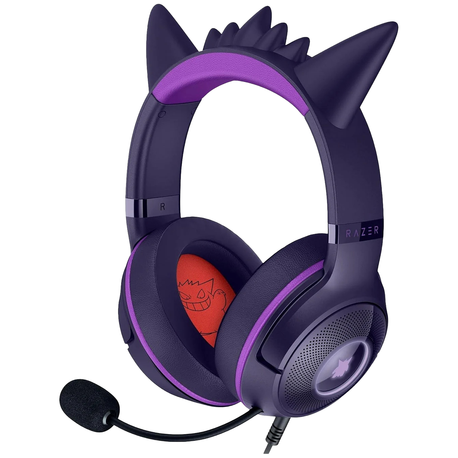 Paarse Razer-koptelefoon met kattenoren. Voorzien van een microfoon en een Gengar-ontwerp in de oorschelpen. Het Razer-logo is zichtbaar.