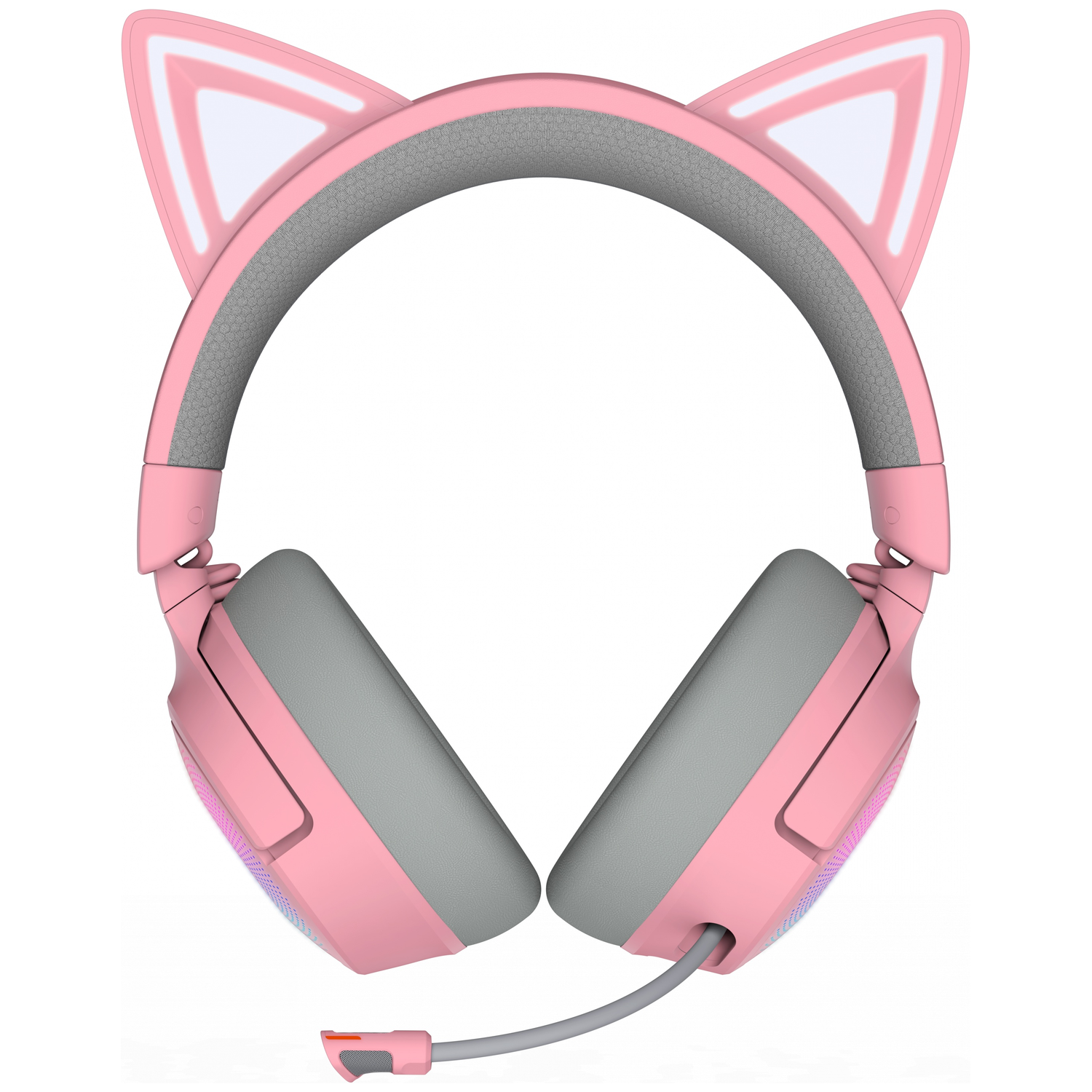 Pink cat ear headphones with gray earcups and headband, a microphone, and white accents on the ears, on a white background.