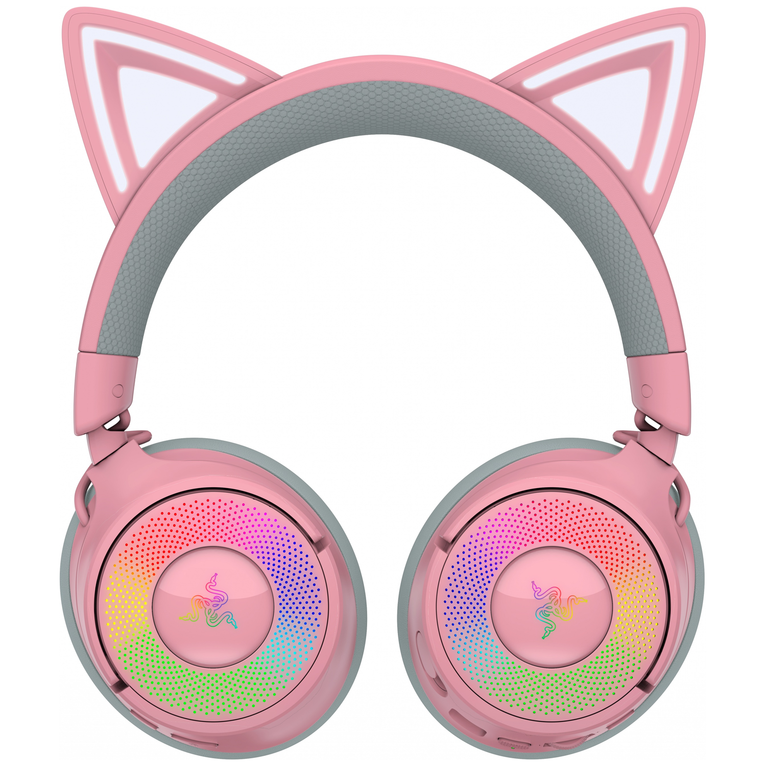 Pink cat ear headphones with rainbow lights. Gray accents on headband and earcups. Razer logo is in the middle of the earcups.