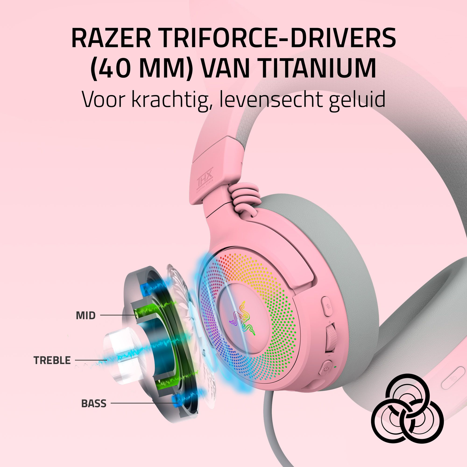 Pink Razer headphones with exposed speaker components, text overlays. The headphones have gray earcups and a cable.