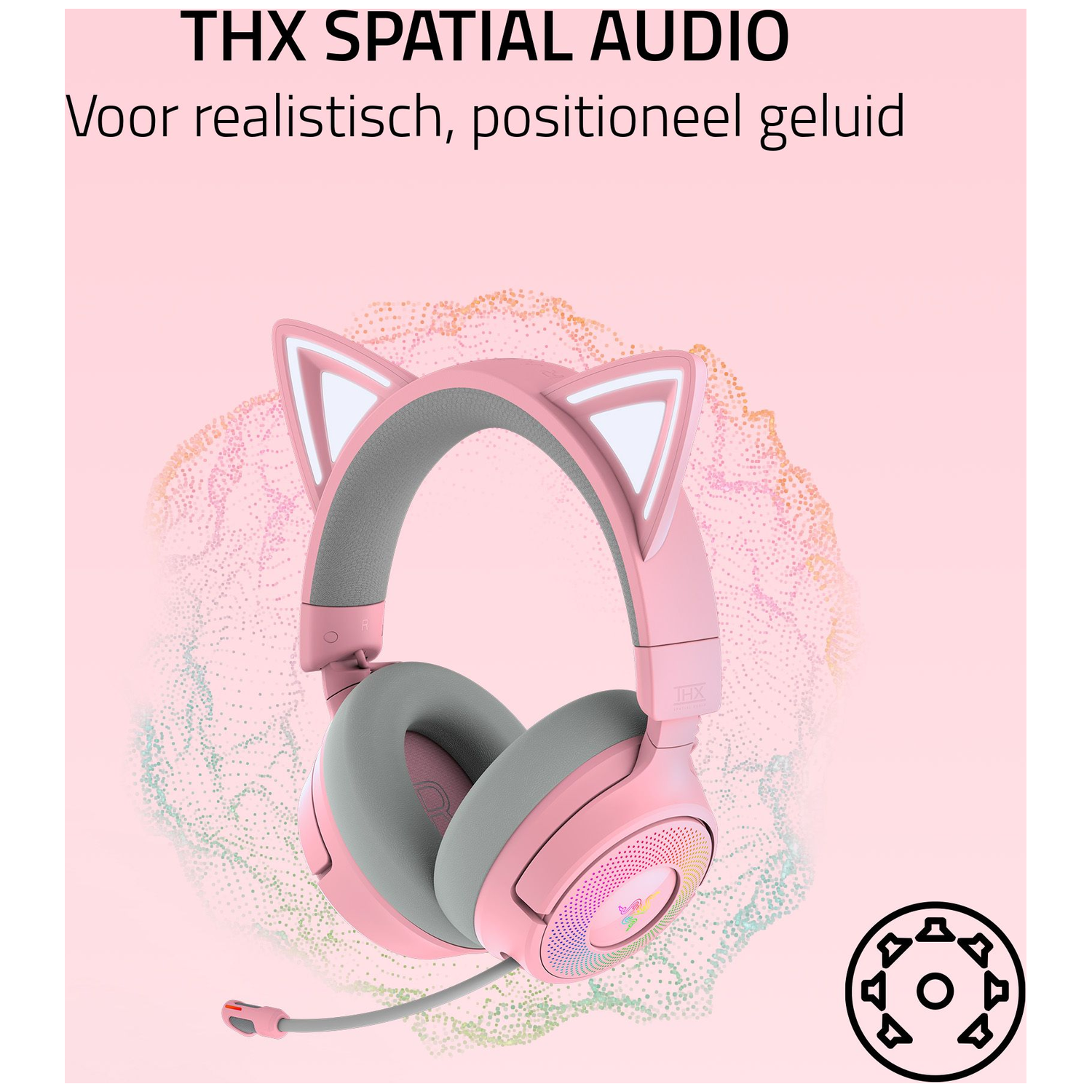 Pink cat ear headphones with gray earcups, a microphone, and a colorful Razer logo. Text at the top reads THX SPATIAL AUDIO.