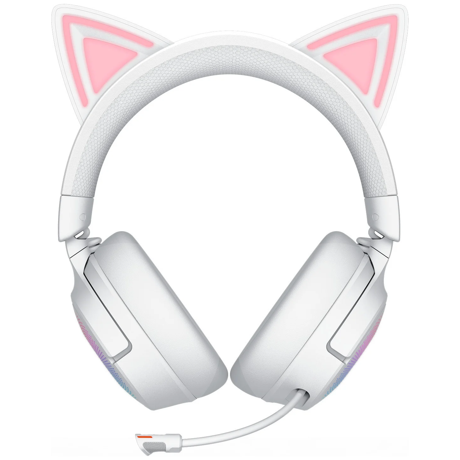 Witte koptelefoon met kattenoren en roze accenten. Voorzien van een microfoon en kleurrijke lampjes op de oorschelpen. Geïsoleerd op witte achtergrond.