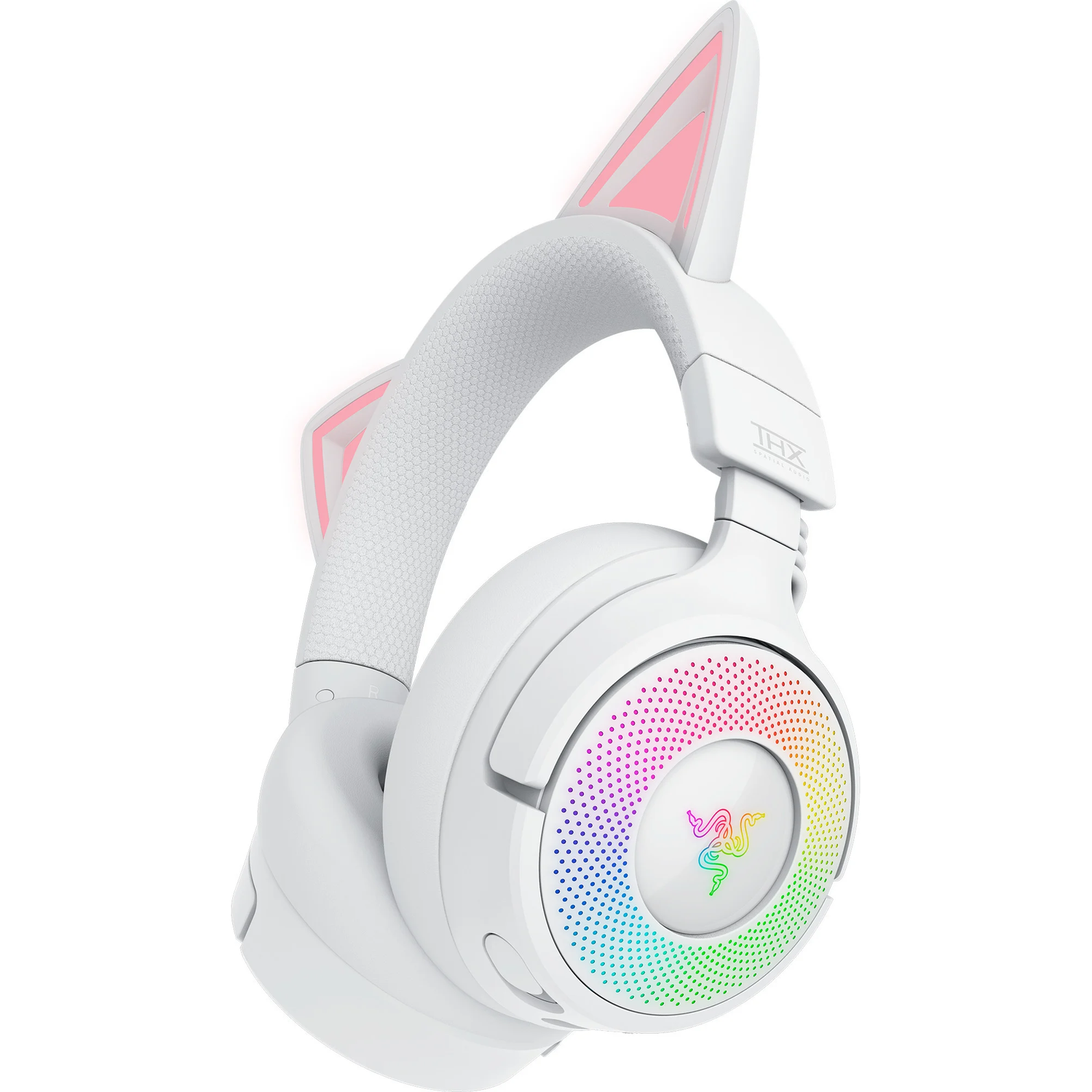 Witte gamingheadset met kattenoren, roze oplichtend aan de binnenkant. Oorschelpen hebben een regenboogpatroon en het Razer-logo. THX-logo zichtbaar.