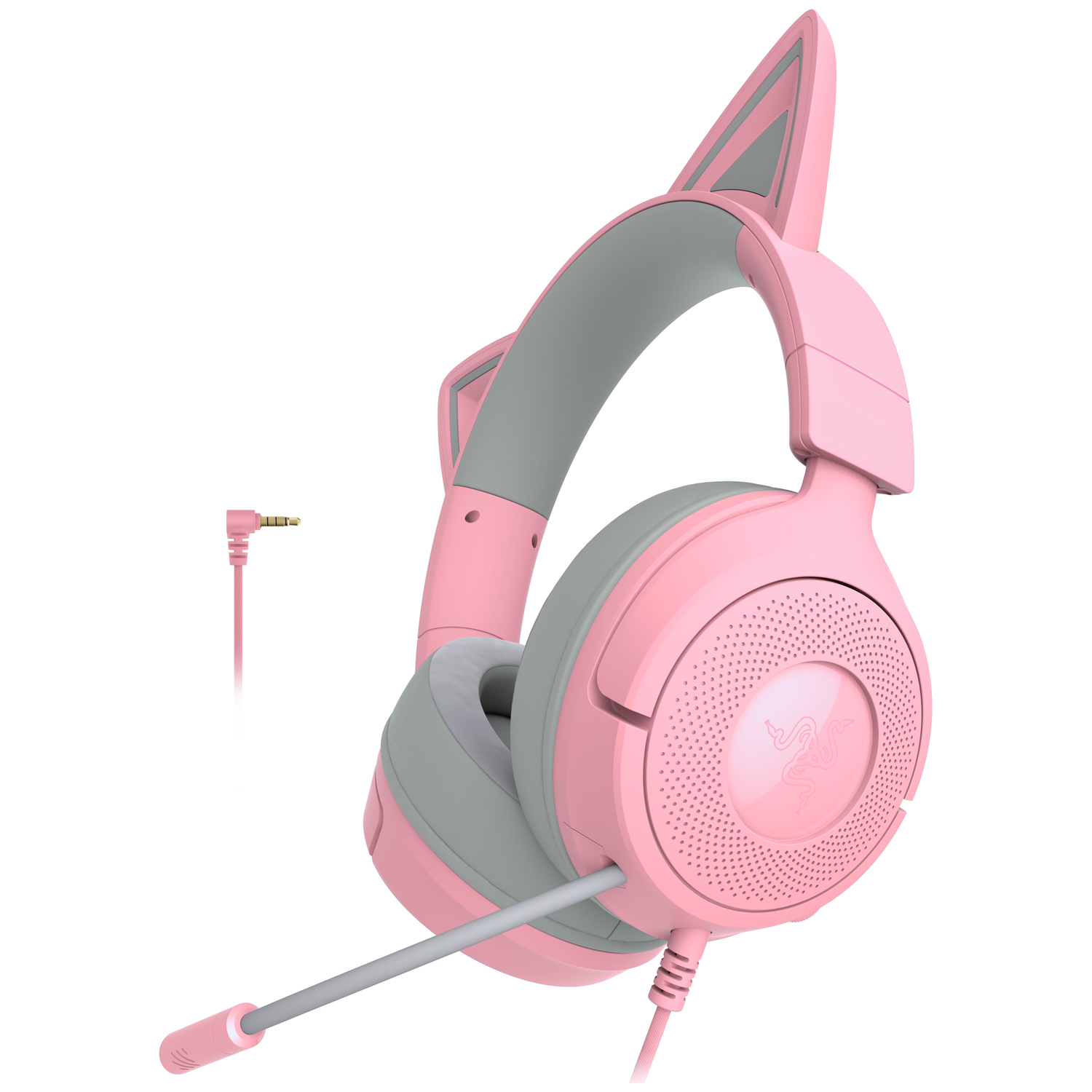 Roze en grijze kattenoorkoptelefoon met microfoon en kabel. Het Razer-logo is zichtbaar op de oorschelp.