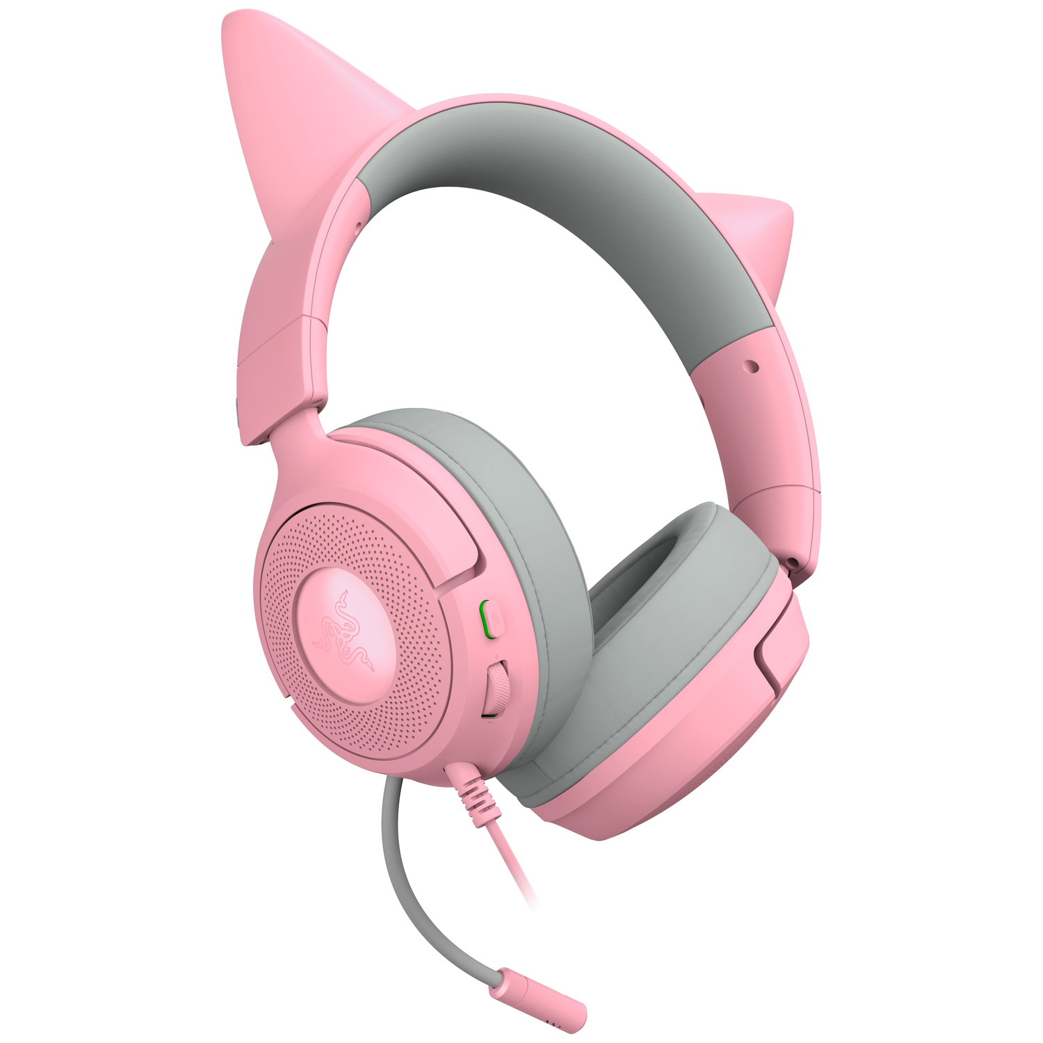 Roze koptelefoon met kattenoren en grijze accenten. Razer logo op de oorschelp. Kabel en microfoon zichtbaar.