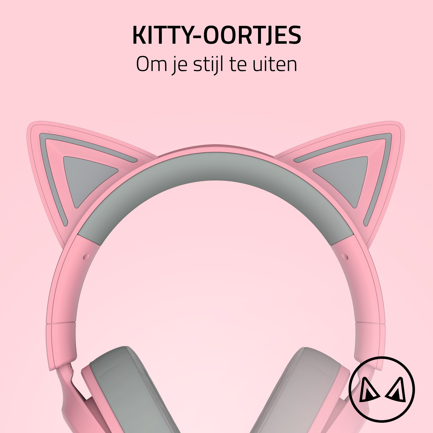 Roze koptelefoon met kattenoren op roze achtergrond. Tekst: "KITTY-OORTJES" en "Om je stijl te uiten".