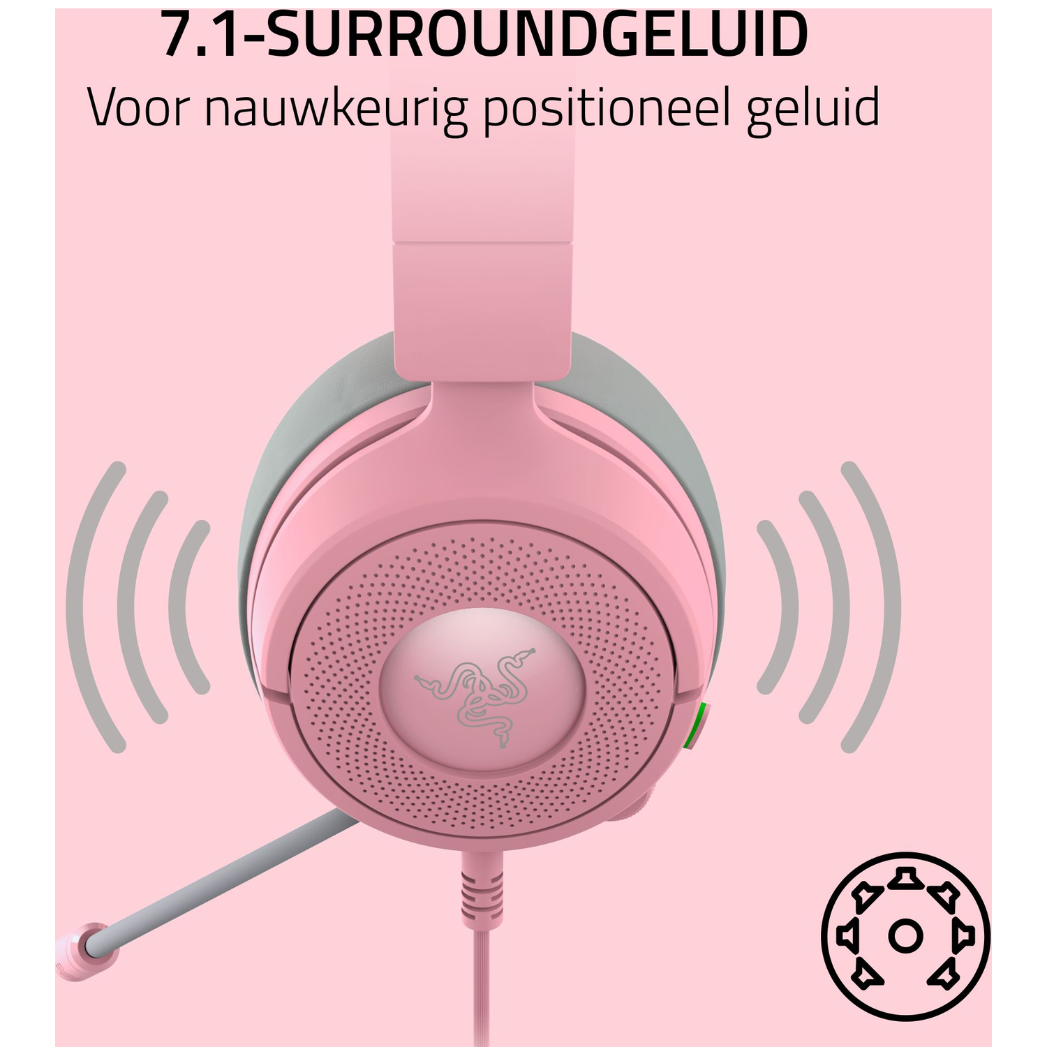 Roze gamingheadset met grijze microfoon, geluidsgolven en een luidsprekerpictogram op een roze achtergrond. Tekst luidt 7.1 surround sound.