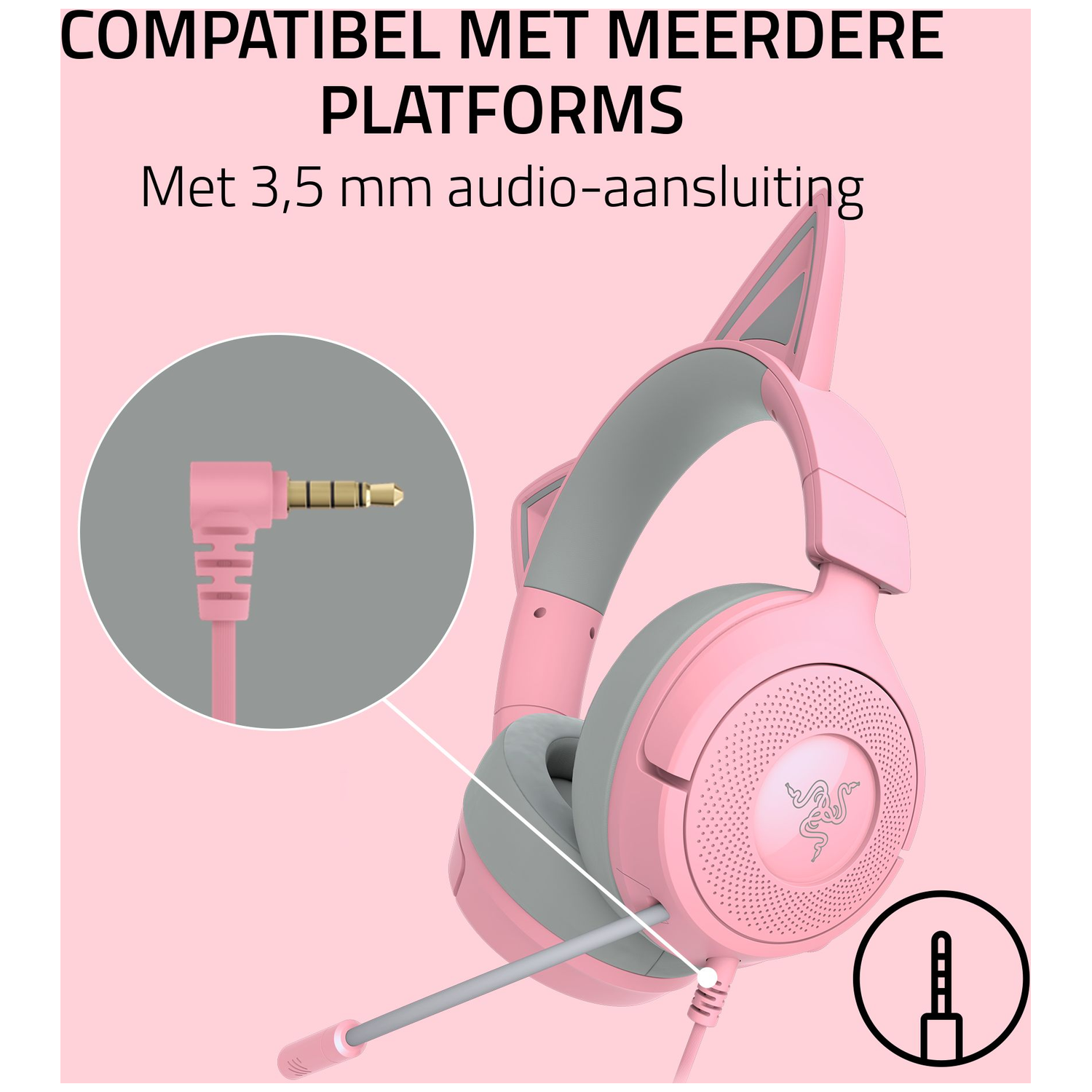 Roze en grijze koptelefoon met kattenoren en 3,5 mm audio jack. Tekst: Compatibel met meerdere platforms. Roze achtergrond.