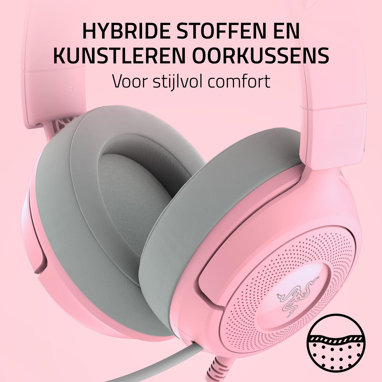 Roze en grijze koptelefoon op roze achtergrond. Nederlandse tekst. Close-up toont oorkussens en Razer logo.
