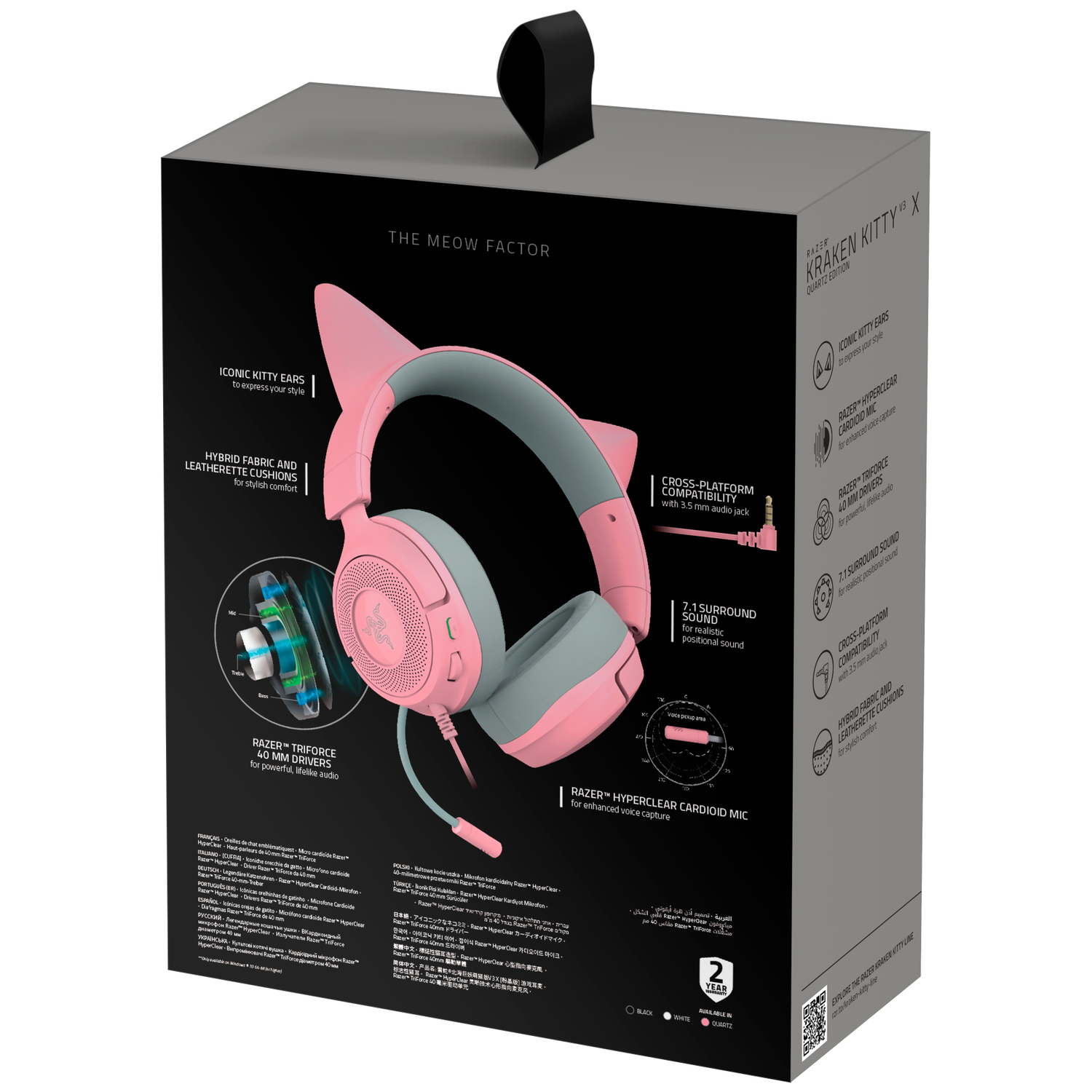 Roze Razer Kraken Kitty V3 X headsetdoos. Kattenoren, microfoon en 40mm drivers.