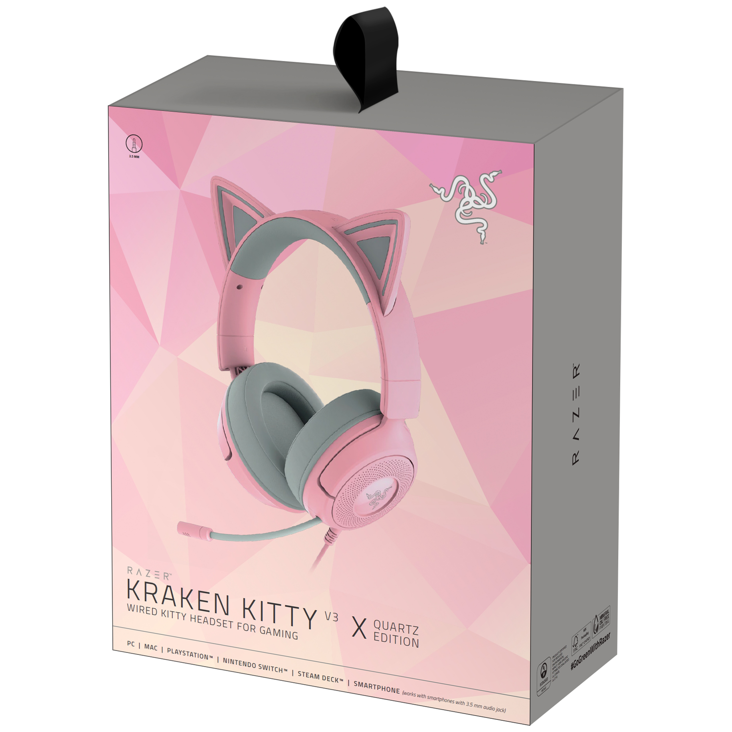 Roze Razer Kraken Kitty V3 X Quartz Edition gaming headset in de doos. De doos is roze en grijs, met het Razer logo en tekst.